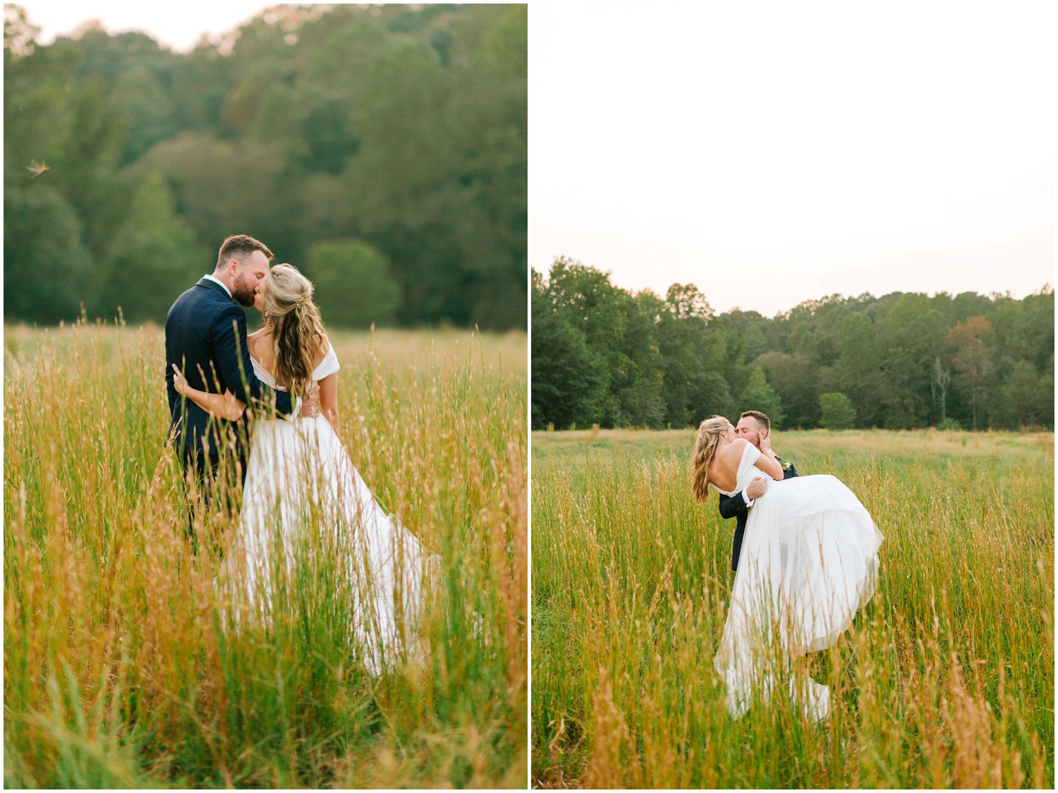 bride and groom kiss in field at The Meadows Raleigh
