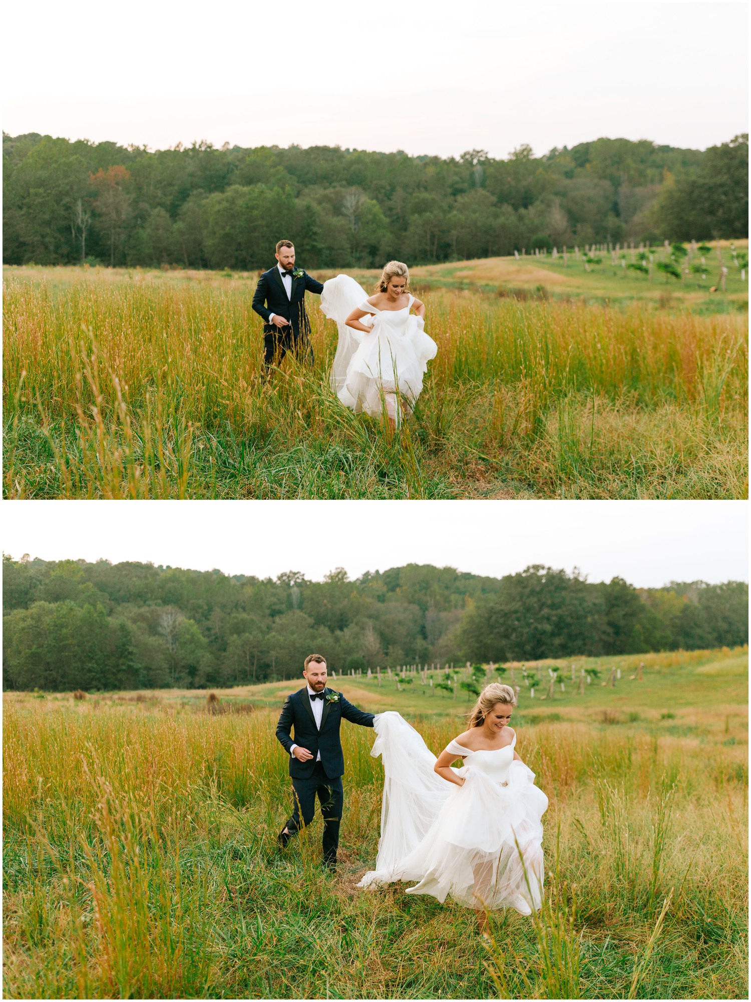 bride and groom walk through fields at The Meadows Raleigh