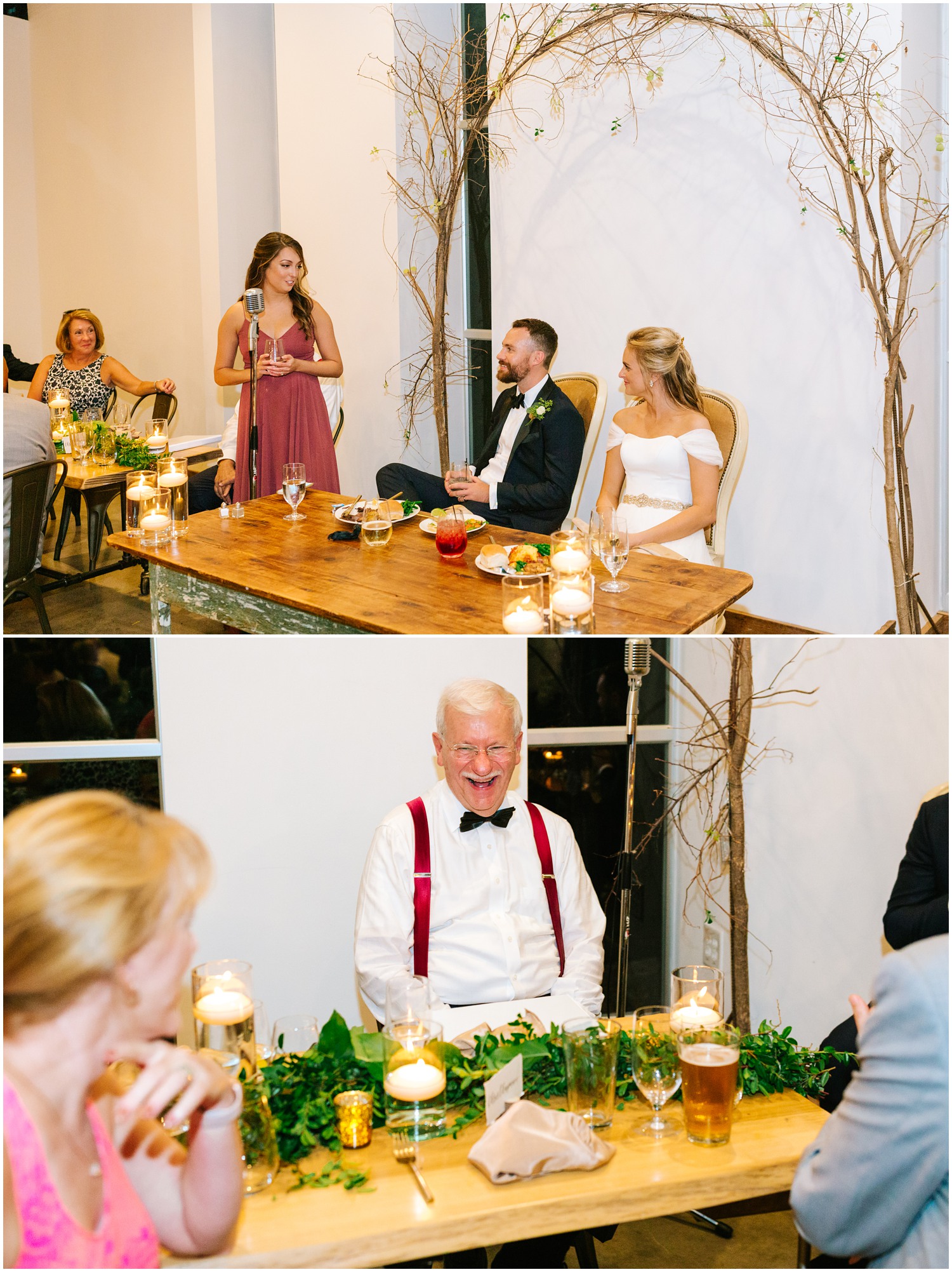 family laughs during wedding toasts 