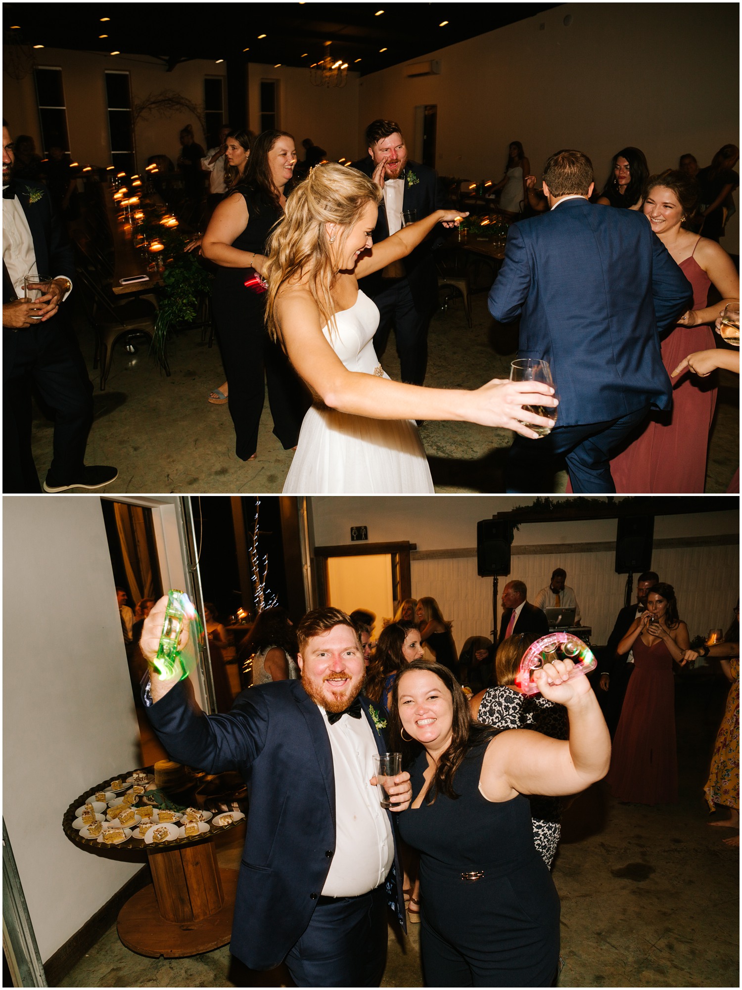 guests dance with bride and groom and shake tambourines