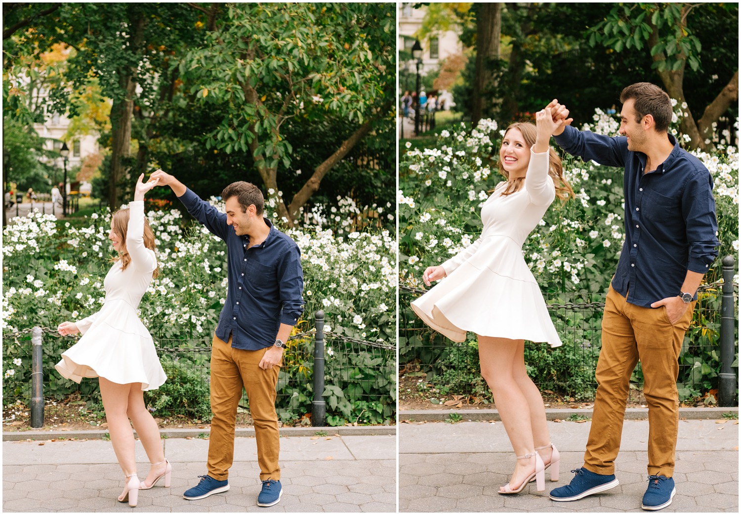 groom twirls bride in ivory dress in New York City during engagement session