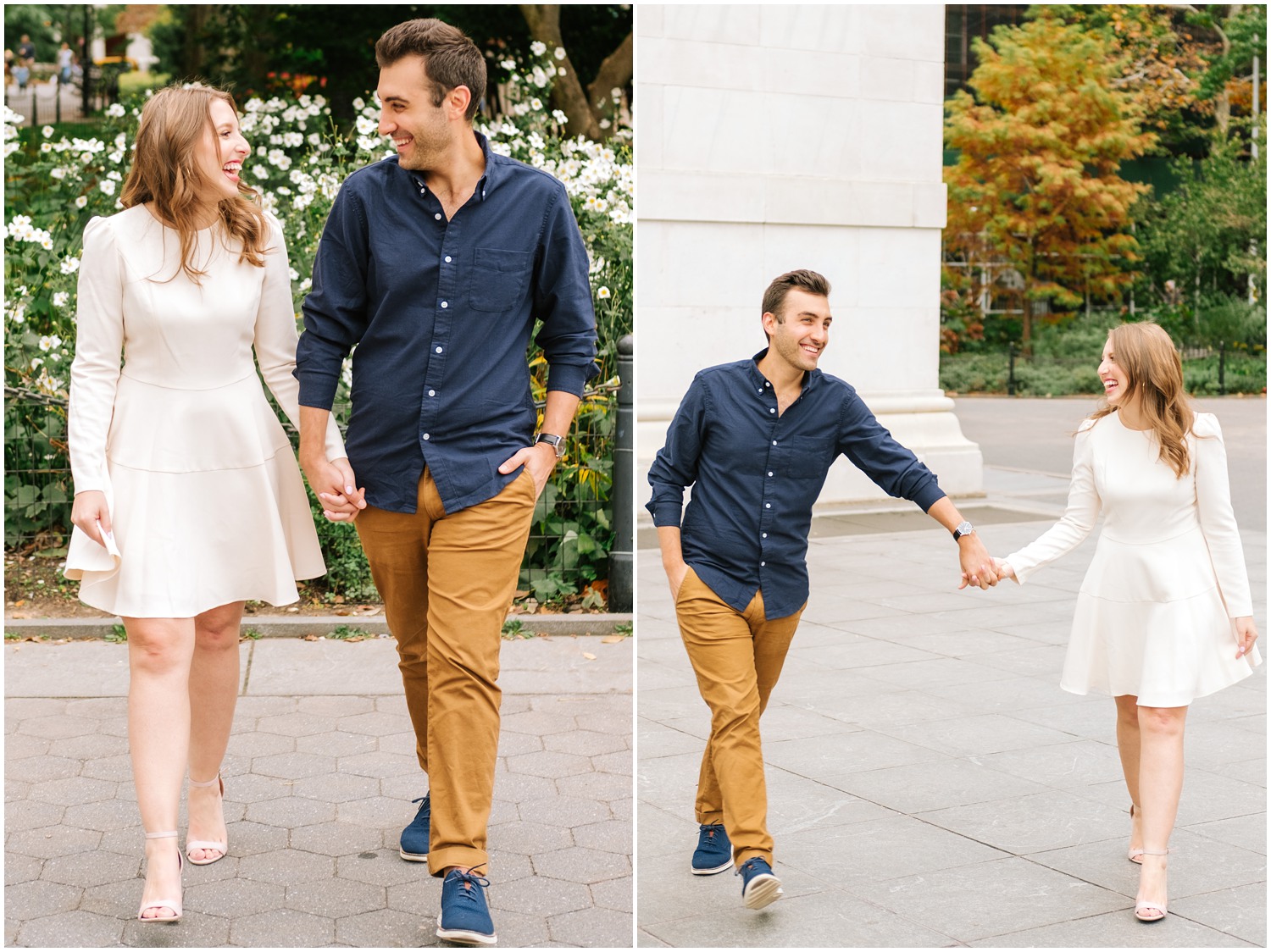 engaged couple holds hands walking through Washington Park