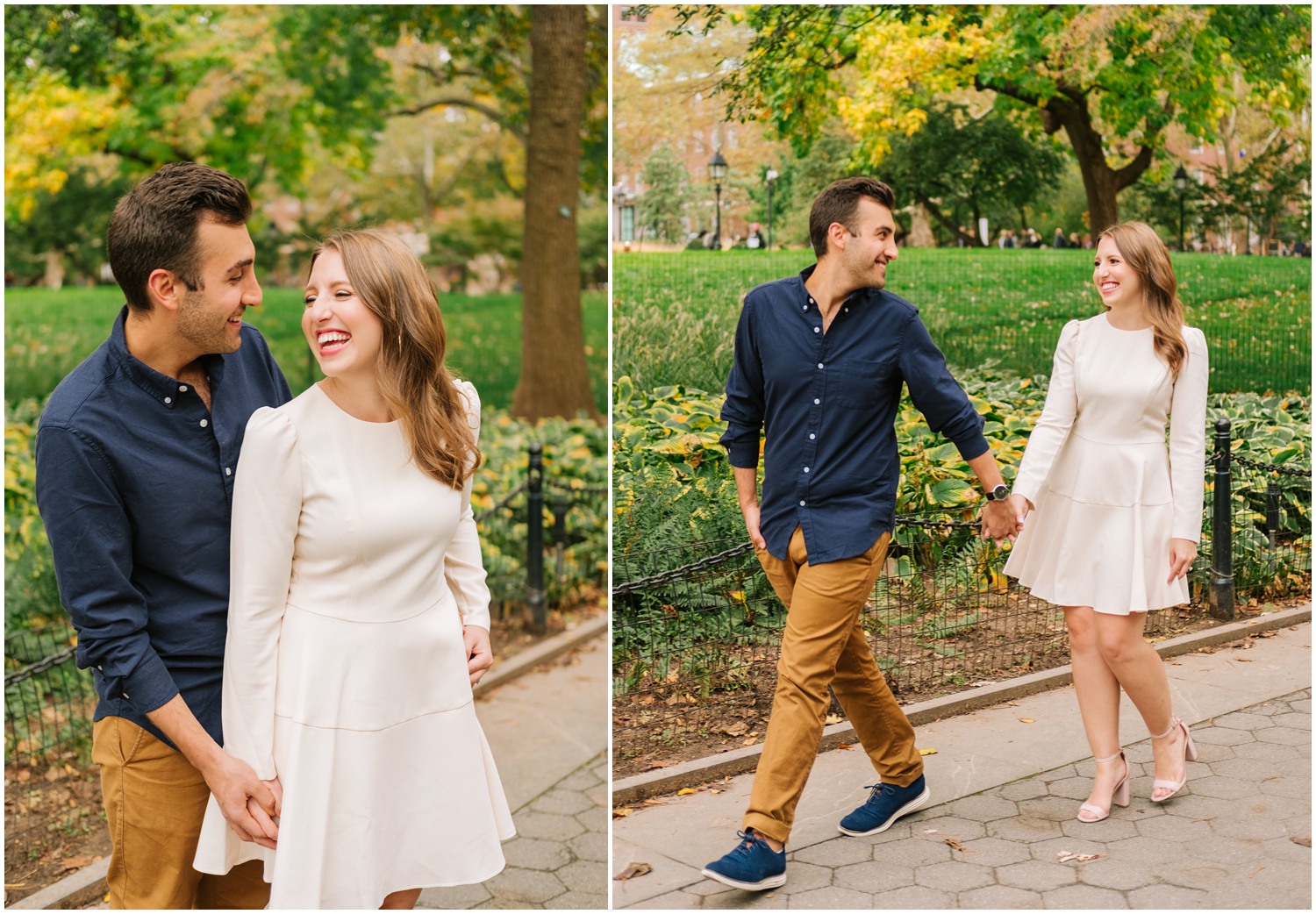 engaged couple walks through West Village during engagement session