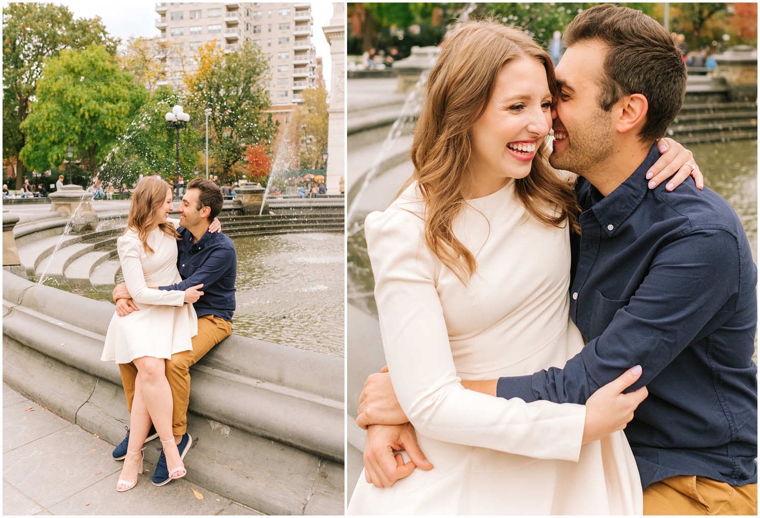 bride sits on groom's lap while he laughs in her ear during portraits in New York City