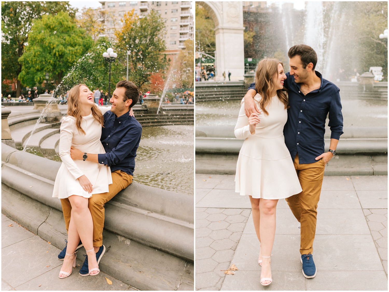 romantic New York City engagement session by Washington Park fountain