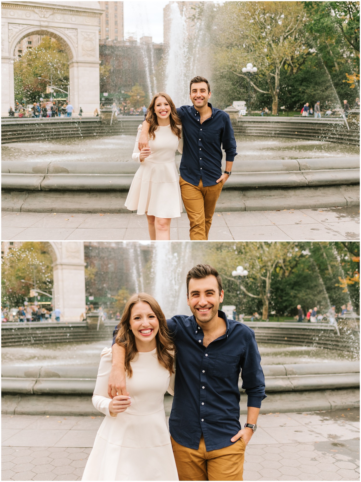 New York City couple poses by fountain in Washington Park during engagement session