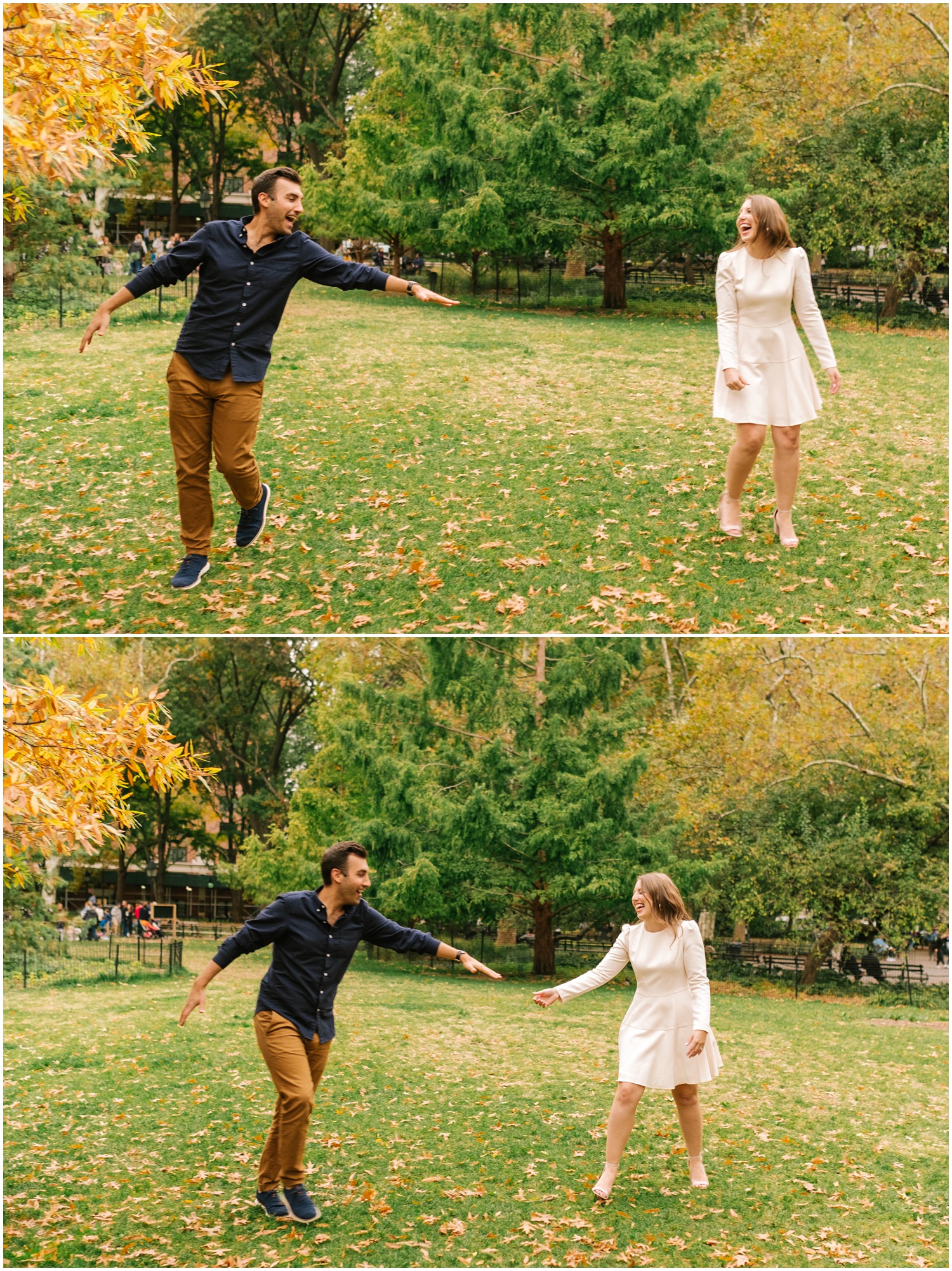 bride and groom laugh during West Village & Dumbo engagement session