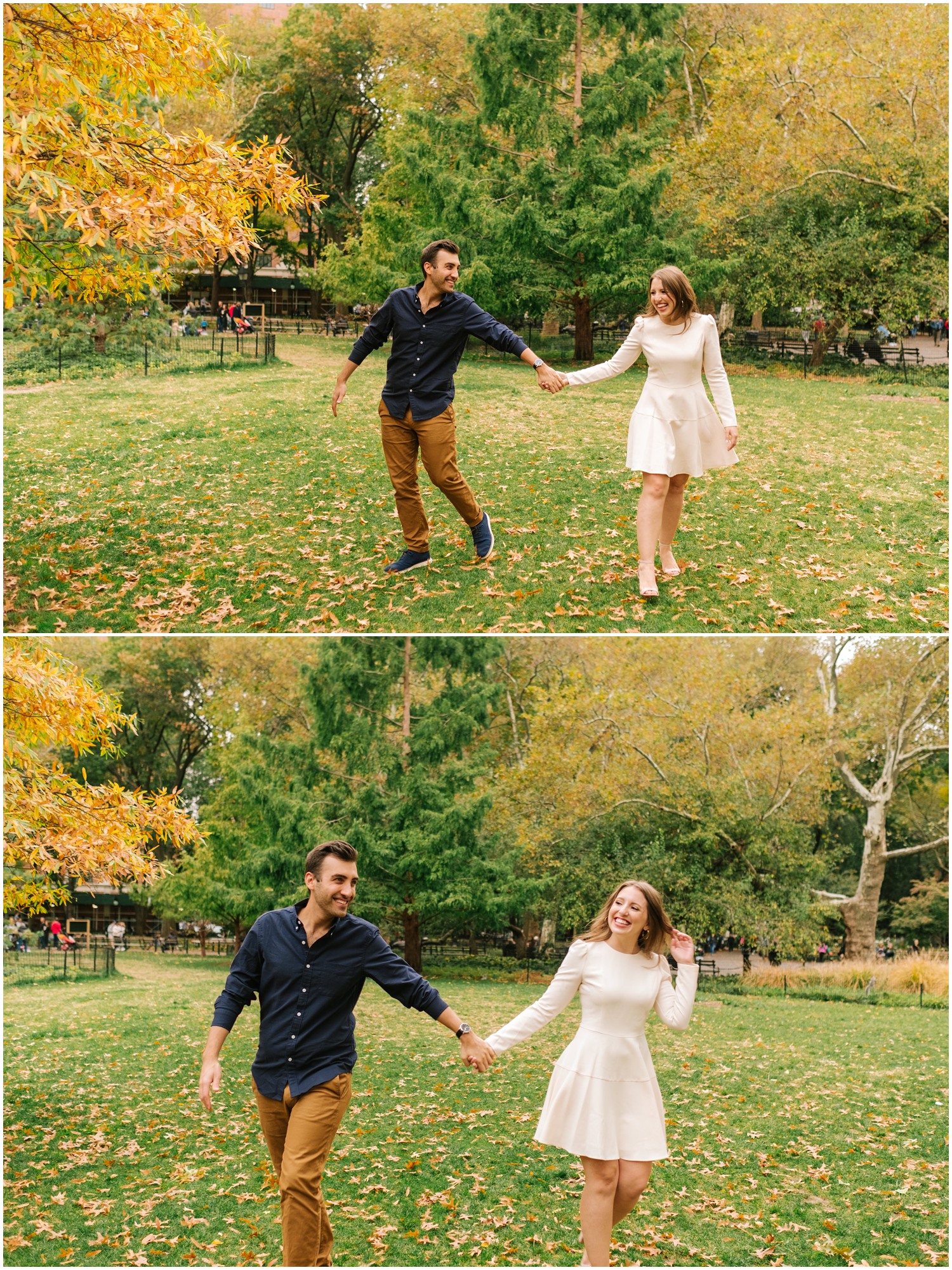 New York City couple dances during engagement photos in Washington Square