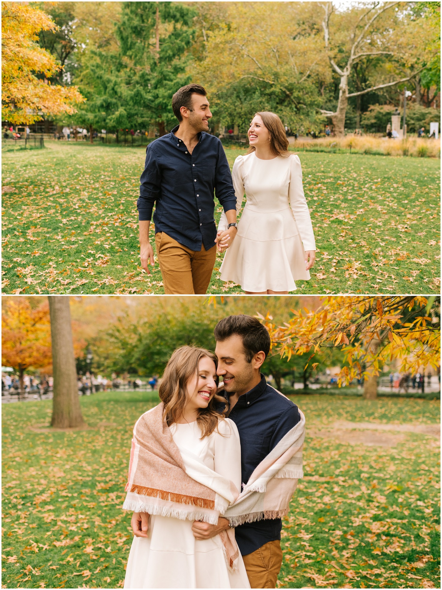 New York City engagement session with blanket and fall leaves