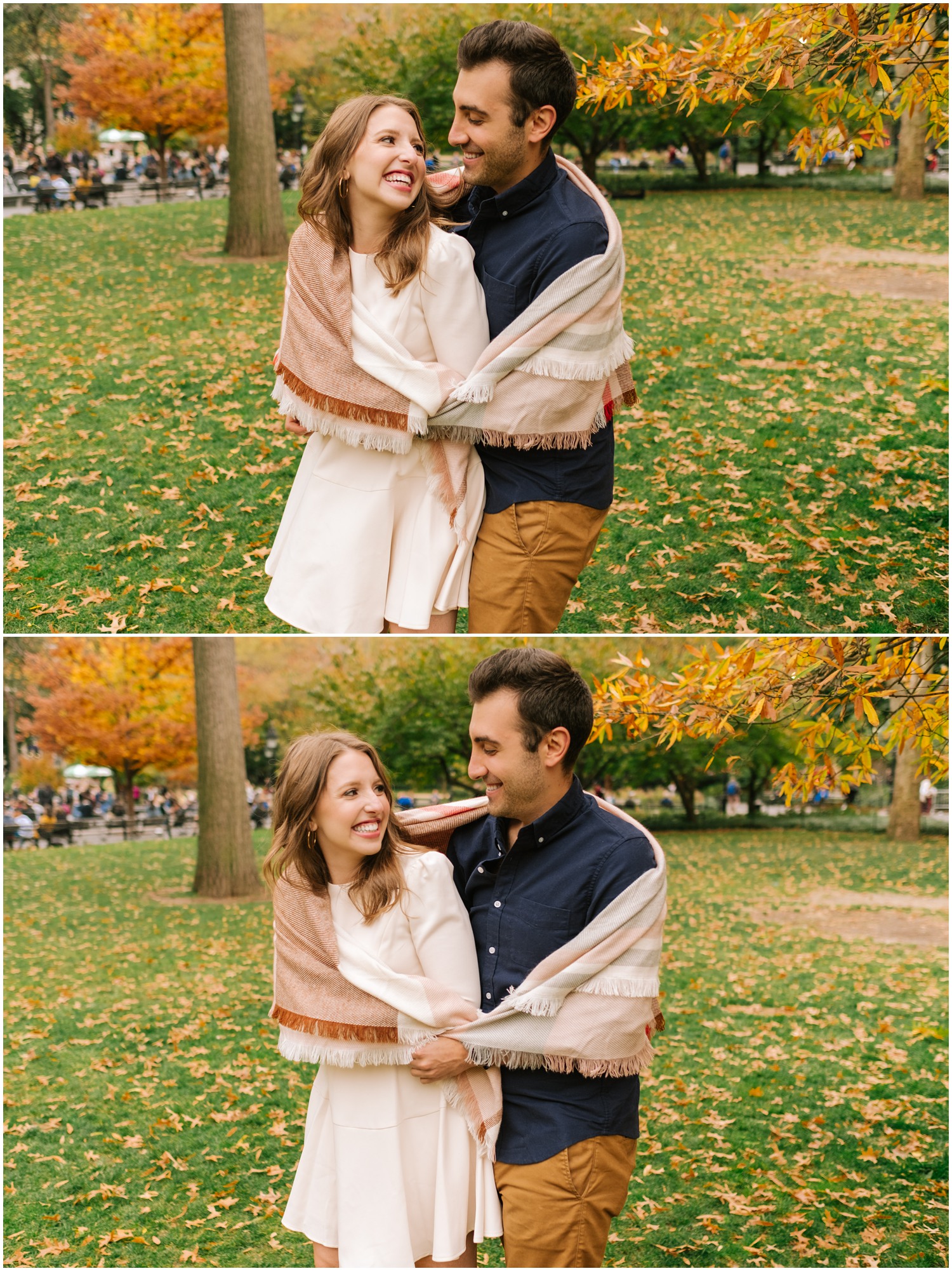 young engaged couple cuddles in blanket during fall West Village & Dumbo engagement photos at Washington Park