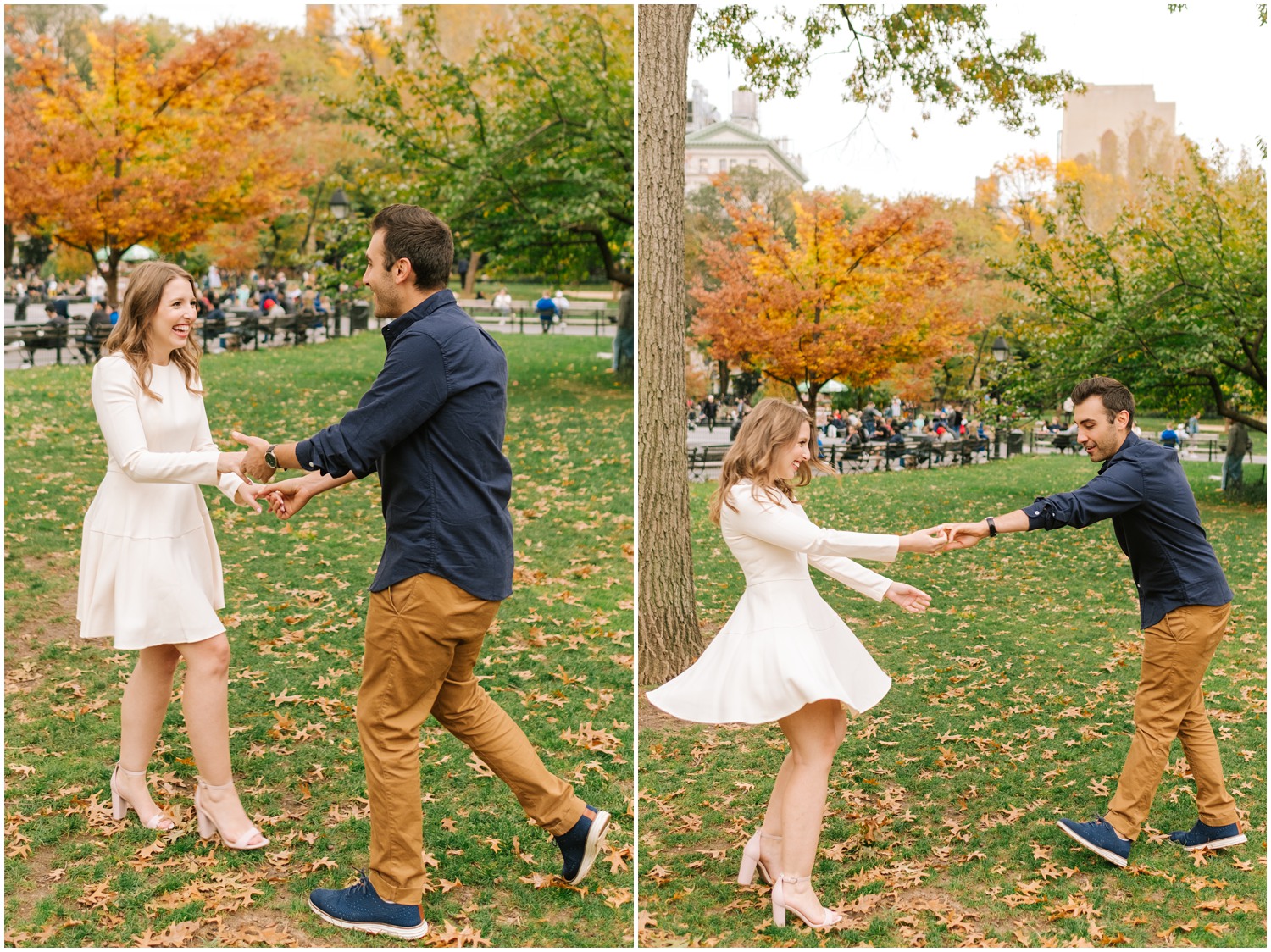 engaged couple dances in Washington Park