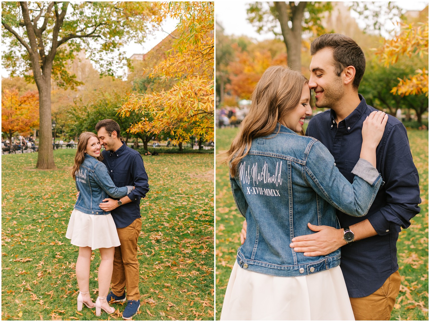 bride in custom jean jacket hugs groom to be during West Village & Dumbo engagement photos