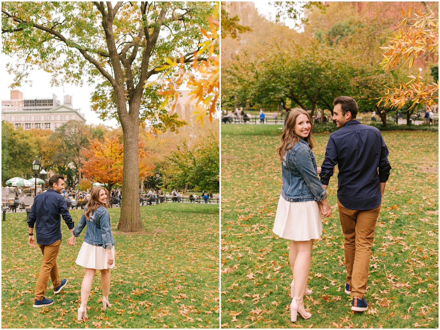 engaged couple holds hands and walks through fallen leaves in Washington Park