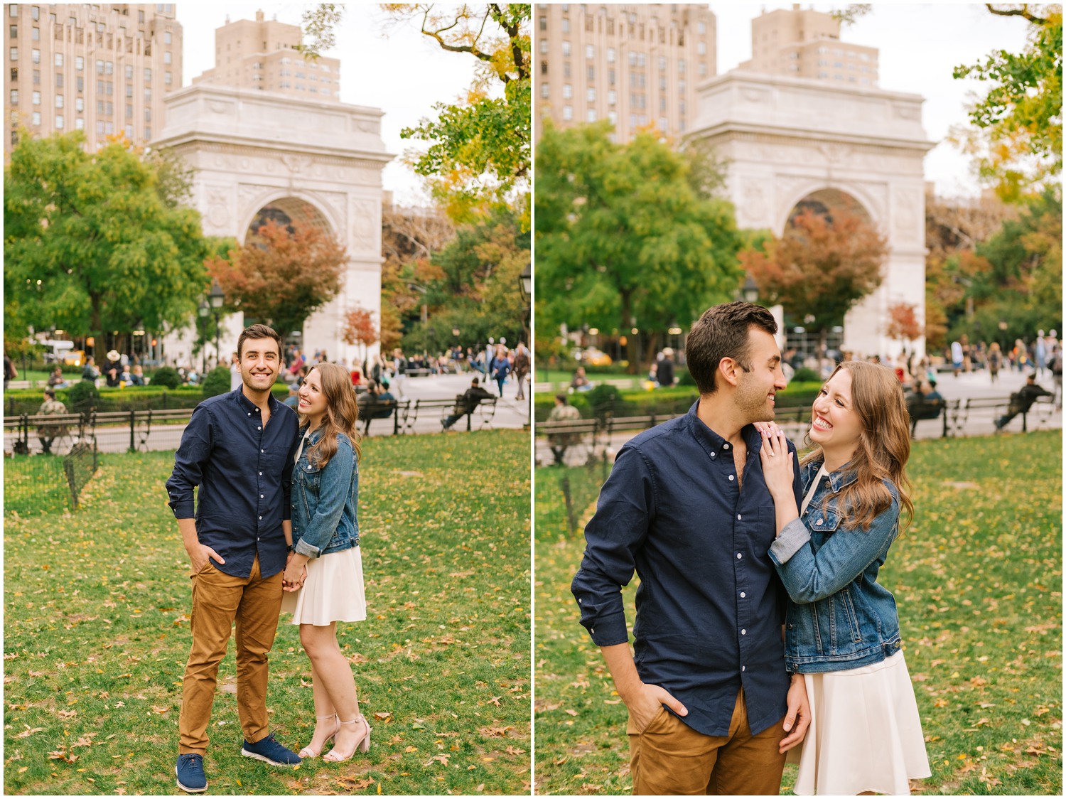 bride in jean jacket hugs groom in navy shirt in Washington Park