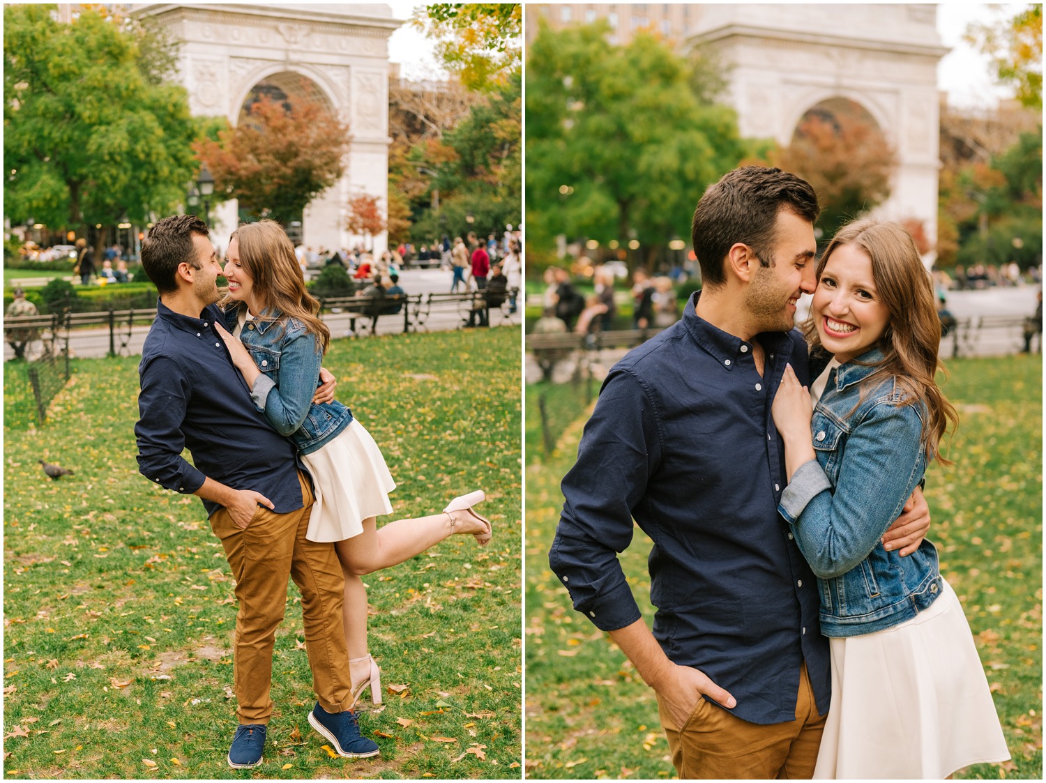 groom lifts bride during engagement session in Washington Park