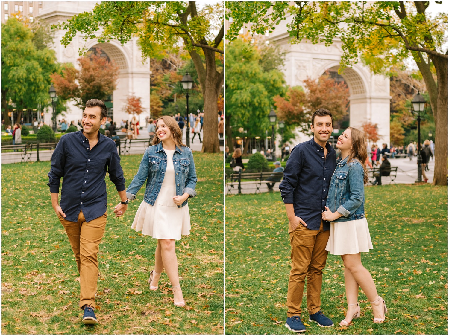 engaged couple holds hands walking during West Village & Dumbo engagement session