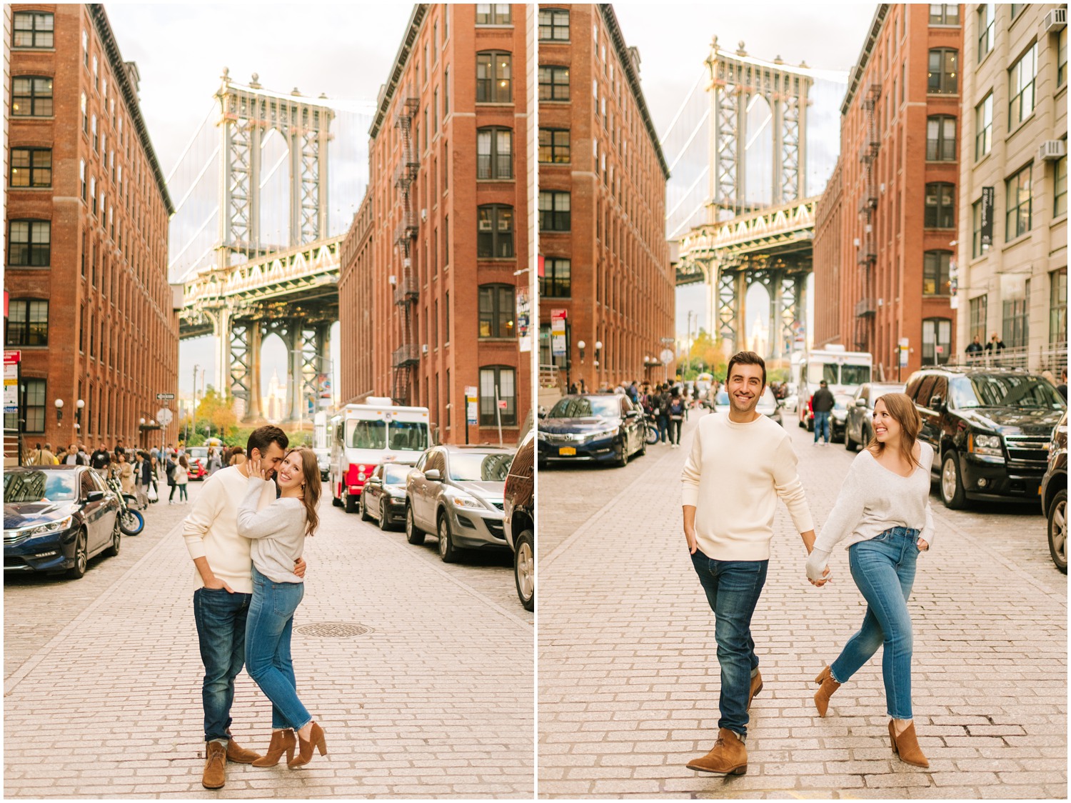 casual DUMBO engagement portraits with bride and groom on brick walkway