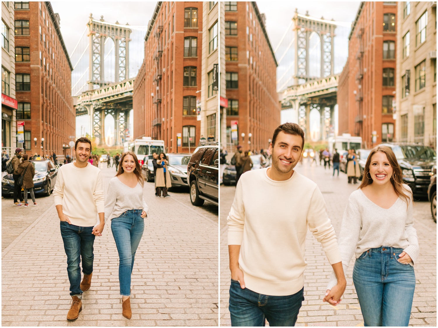 bride and groom hold hands walking through DUMBO