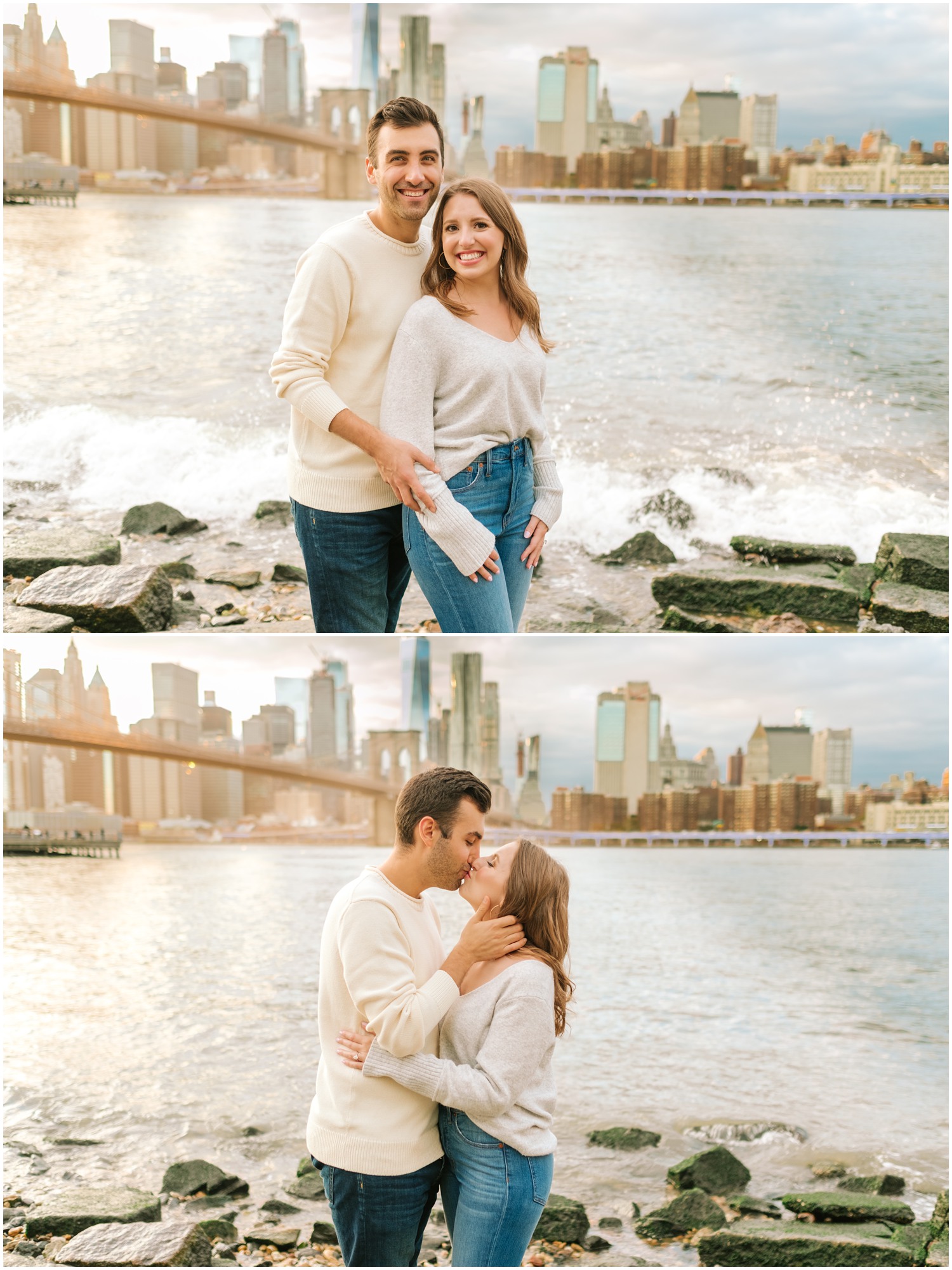 groom kisses bride by Hudson River in New York City