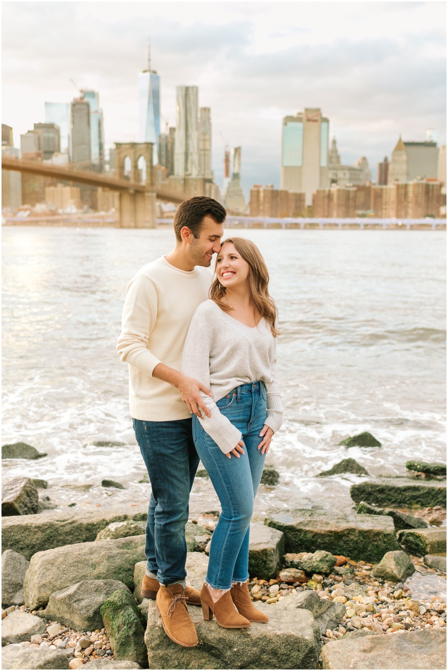groom touches bride's forehead West Village & Dumbo engagement photos