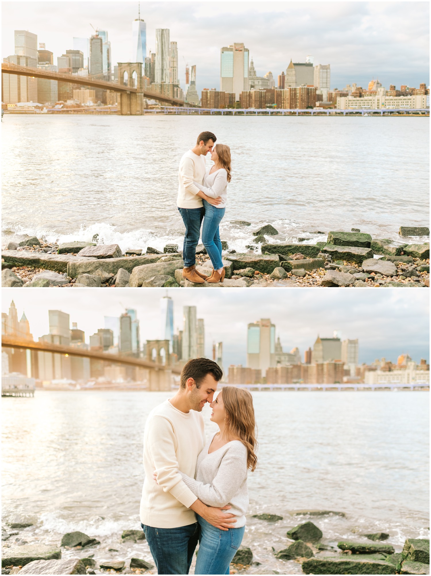 bride and groom in white sweaters touch noses during West Village & Dumbo engagement session