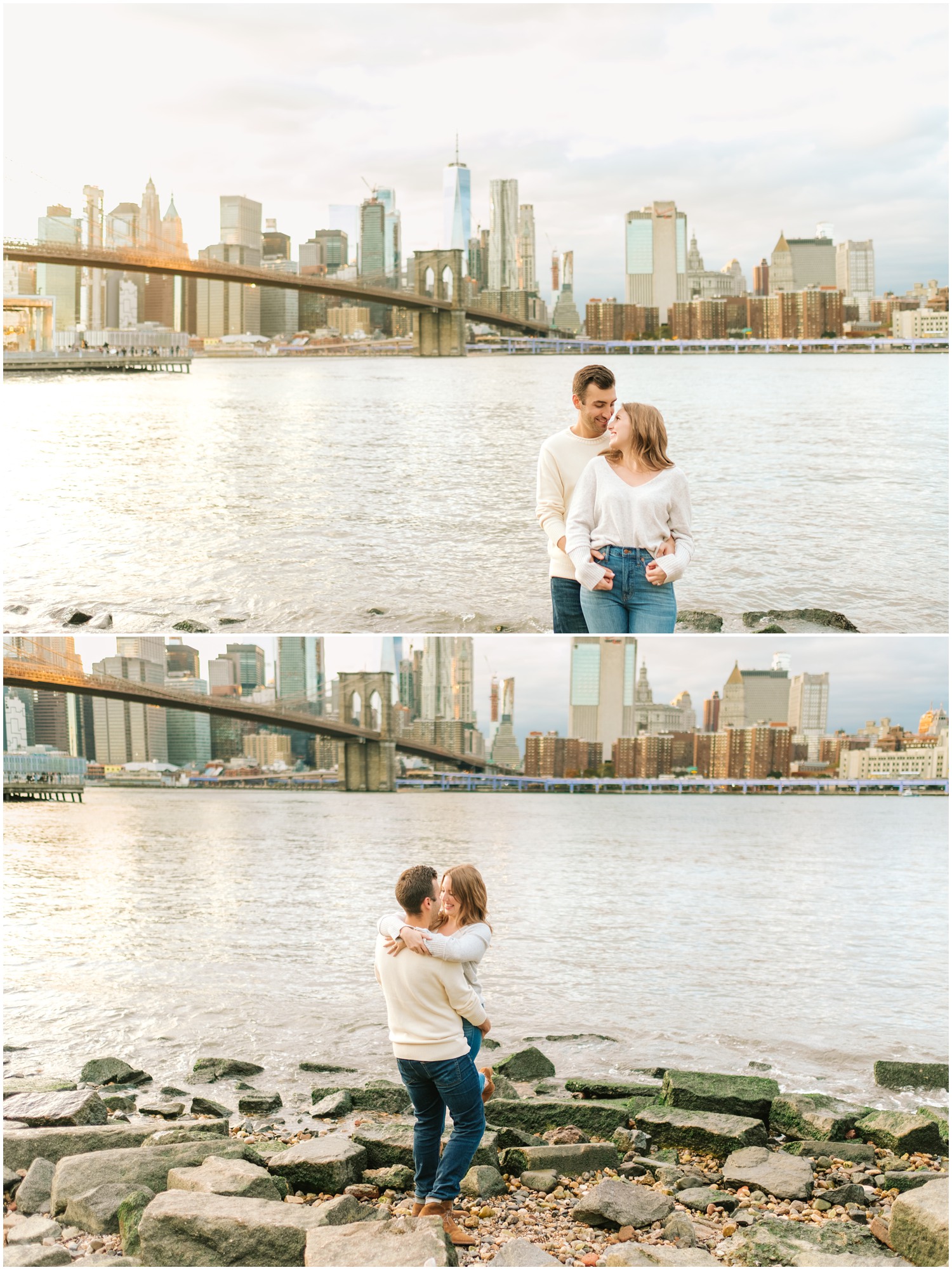 groom picks up bride by Hudson River with NYC skyline behind them