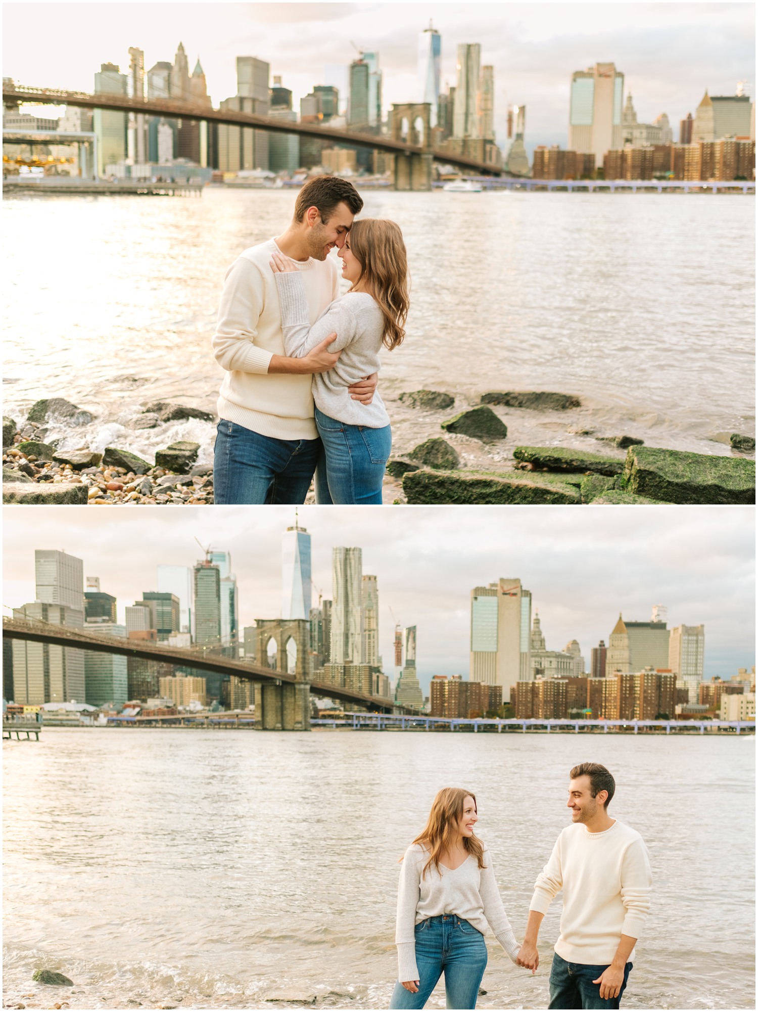 casual fall engagement session with bride and groom walking along Hudson River