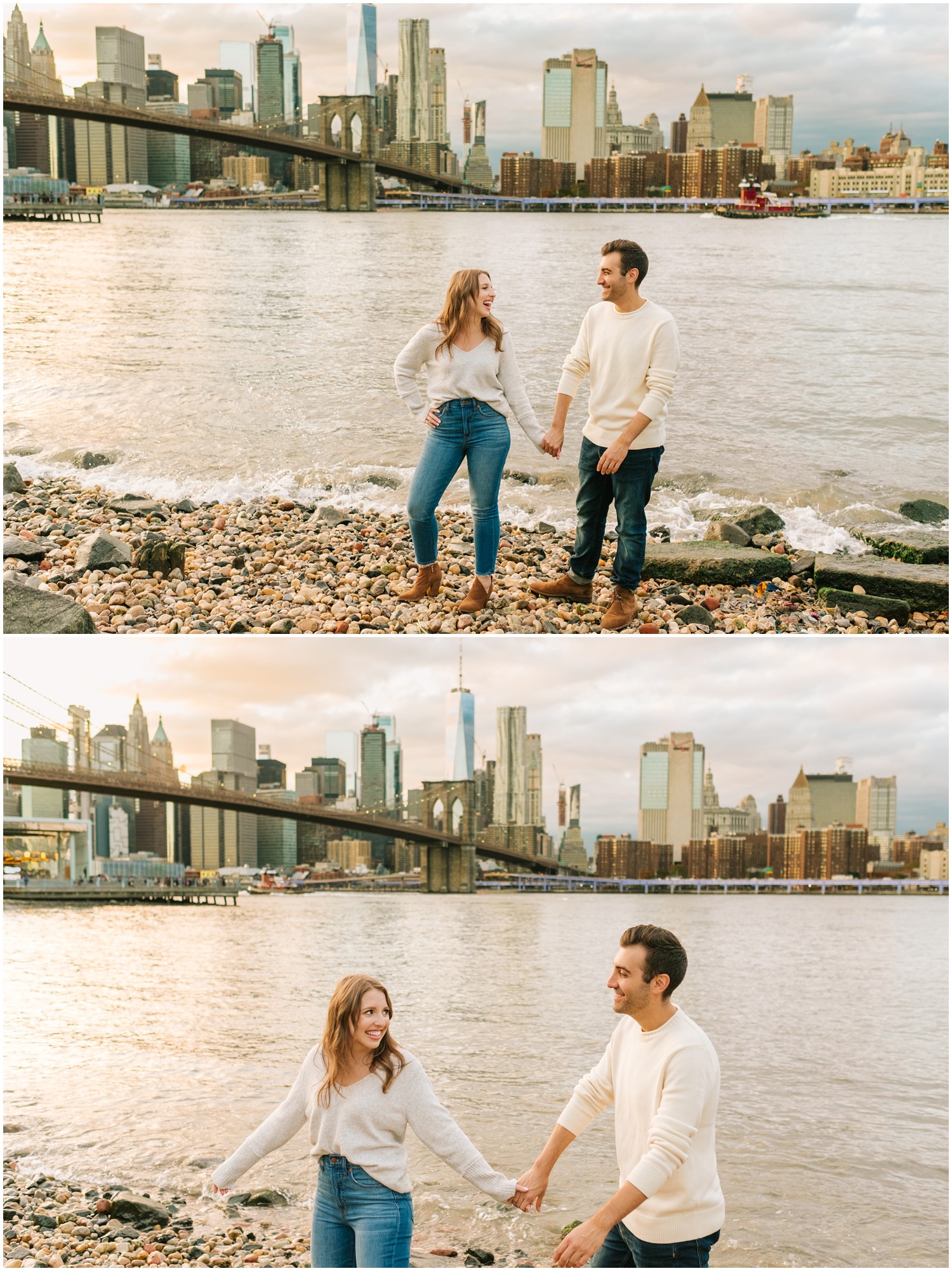 bride and groom hold hands during West Village & Dumbo engagement session