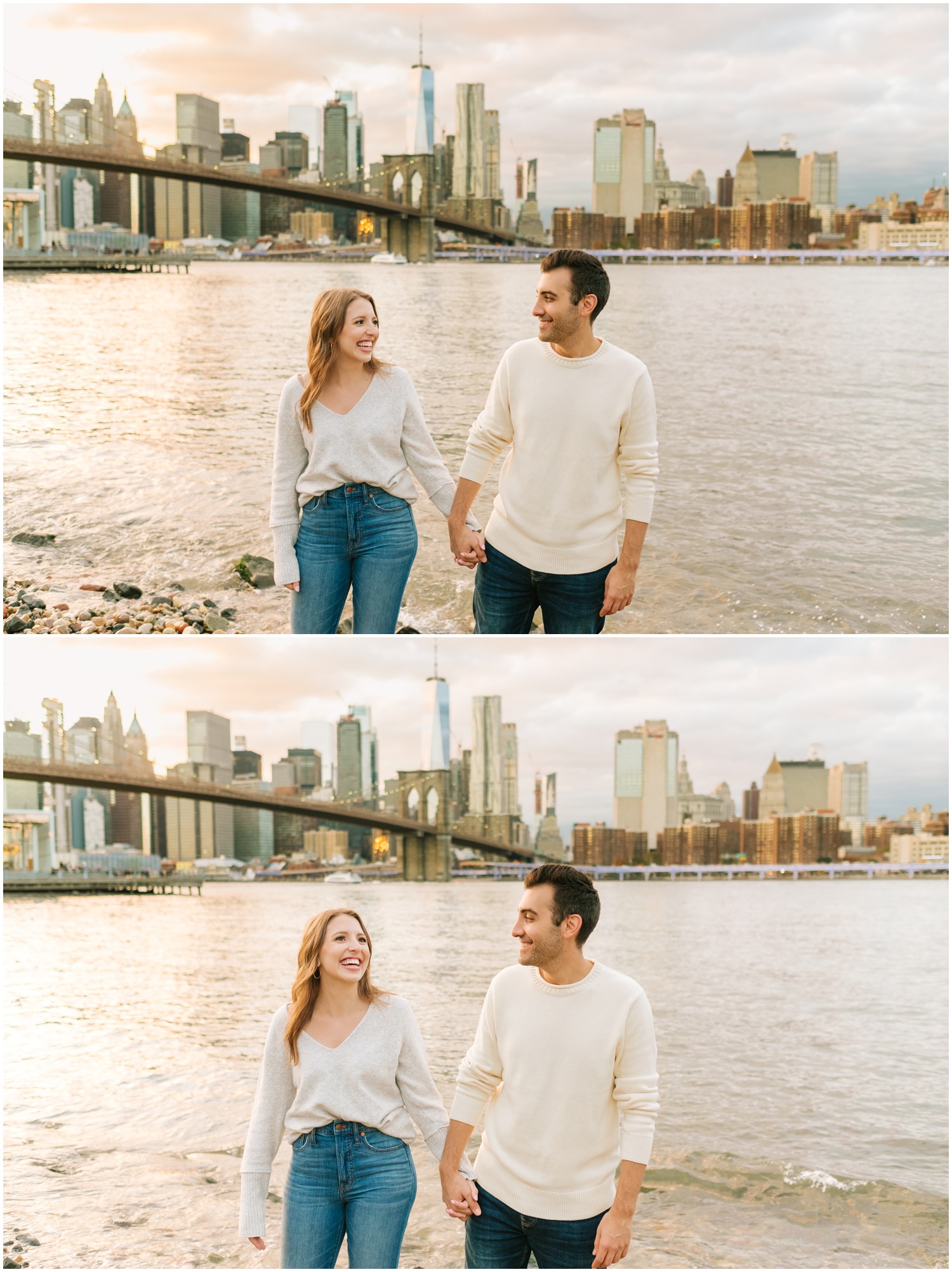 sunset engagement portraits along river in NYC during West Village & Dumbo engagement session 