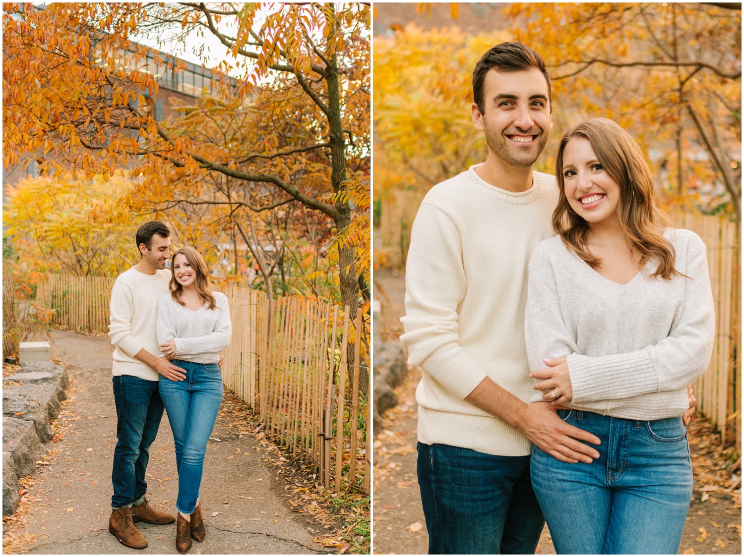 groom holds bride's hip during NYC engagement photos in West Village & Dumbo