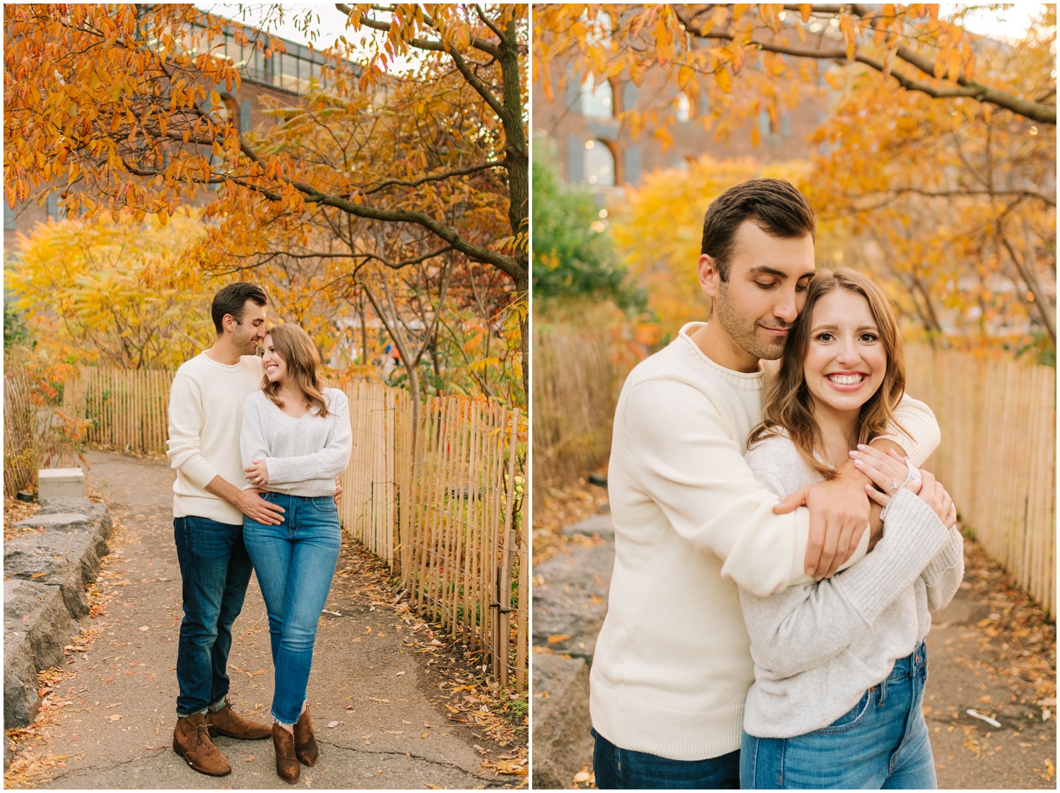 romantic fall engagement session by orange trees during West Village & Dumbo engagement session