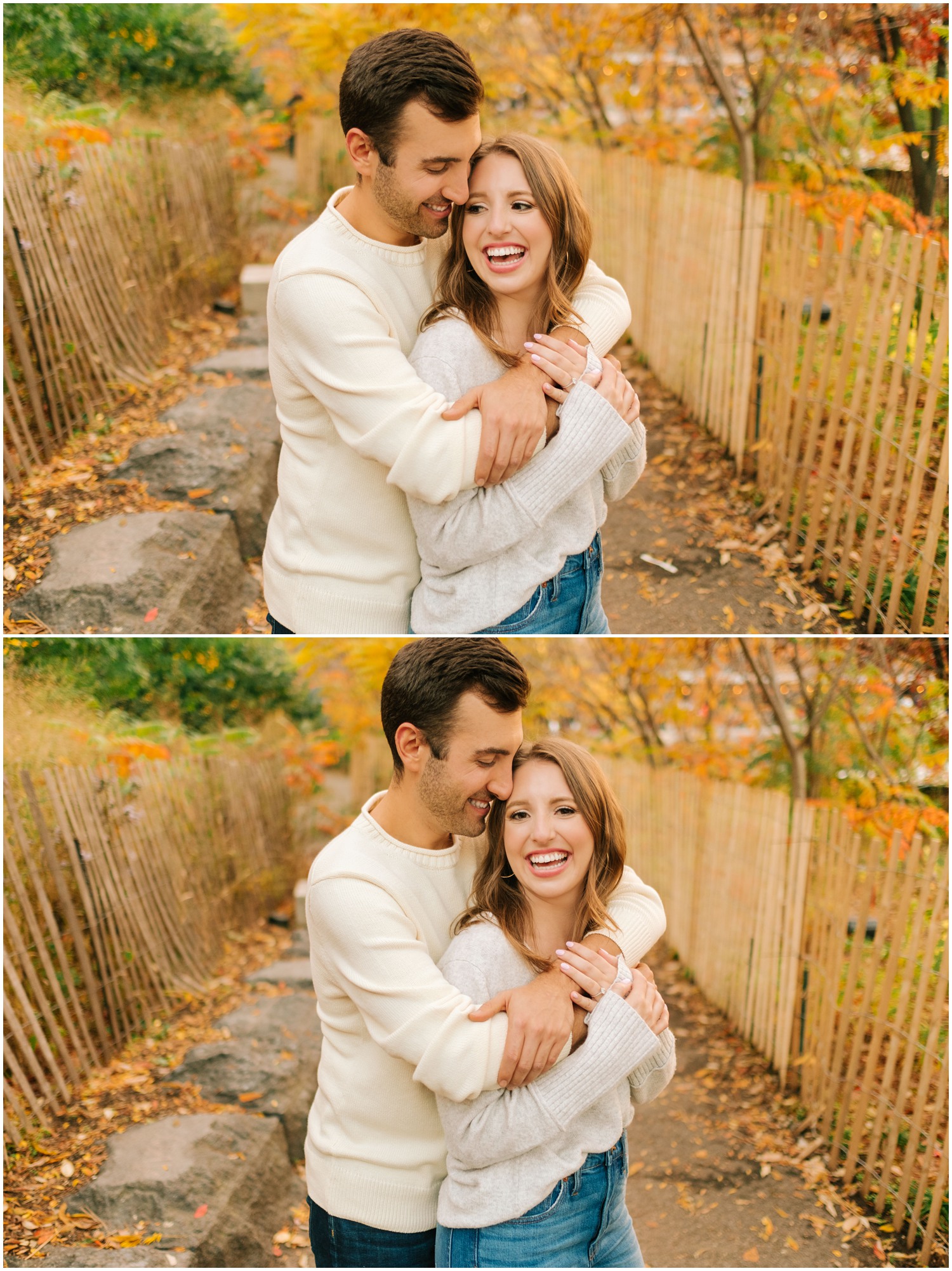 NYC couple walks through park in city during engagement session