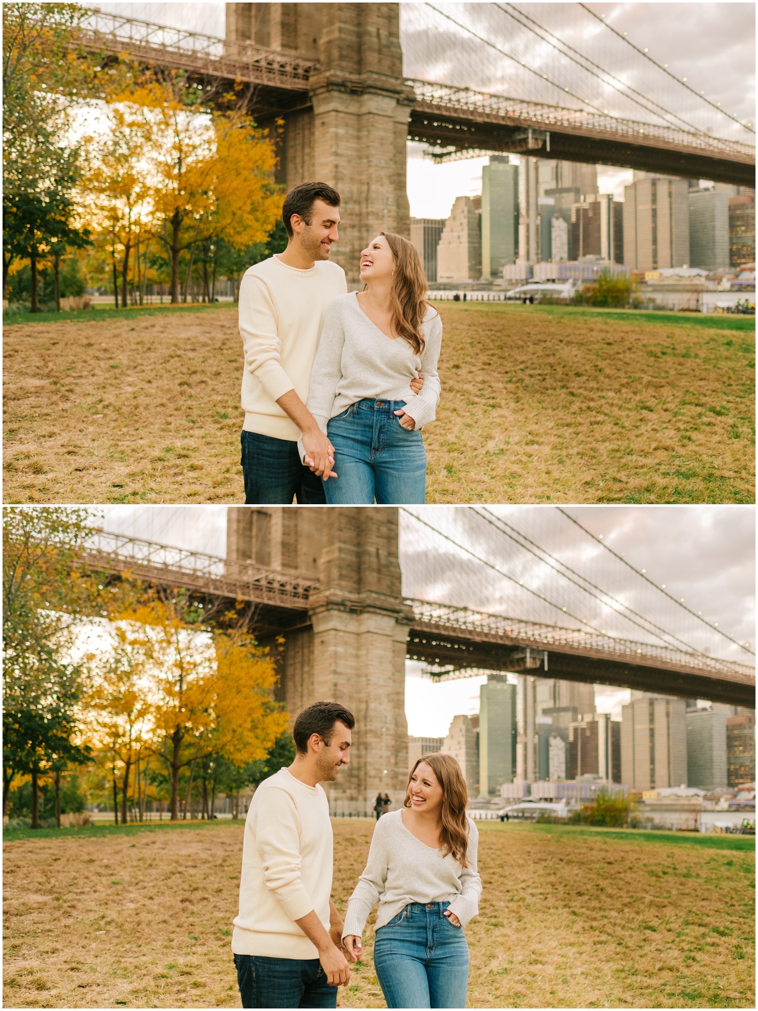 bride and groom laugh during West Village & Dumbo engagement portraits