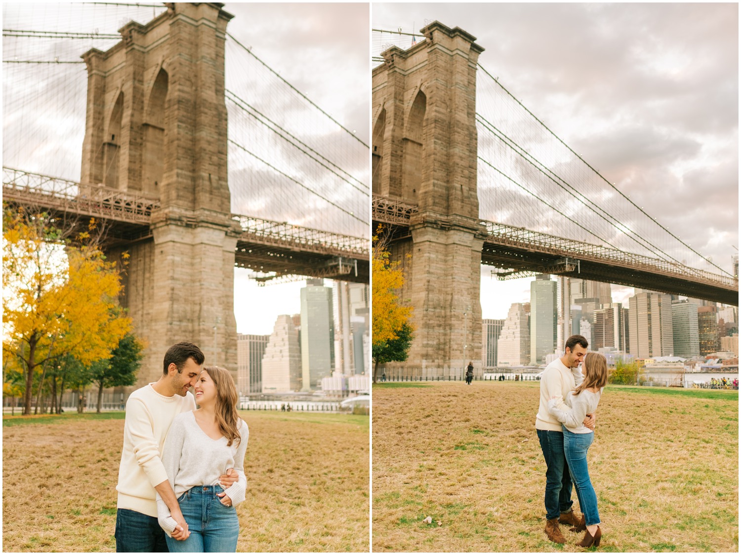 New York couple poses by Brooklyn Bridge in New York City during engagement session
