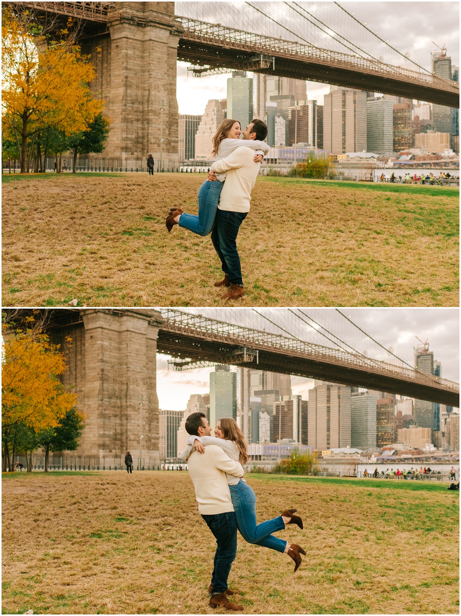 casual New York City engagement session by Brooklyn Bridge