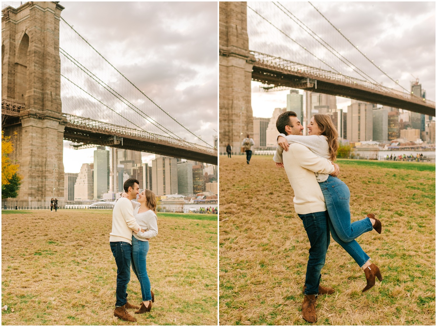 engaged couple twirls around near Brooklyn Bridge in DUMBO