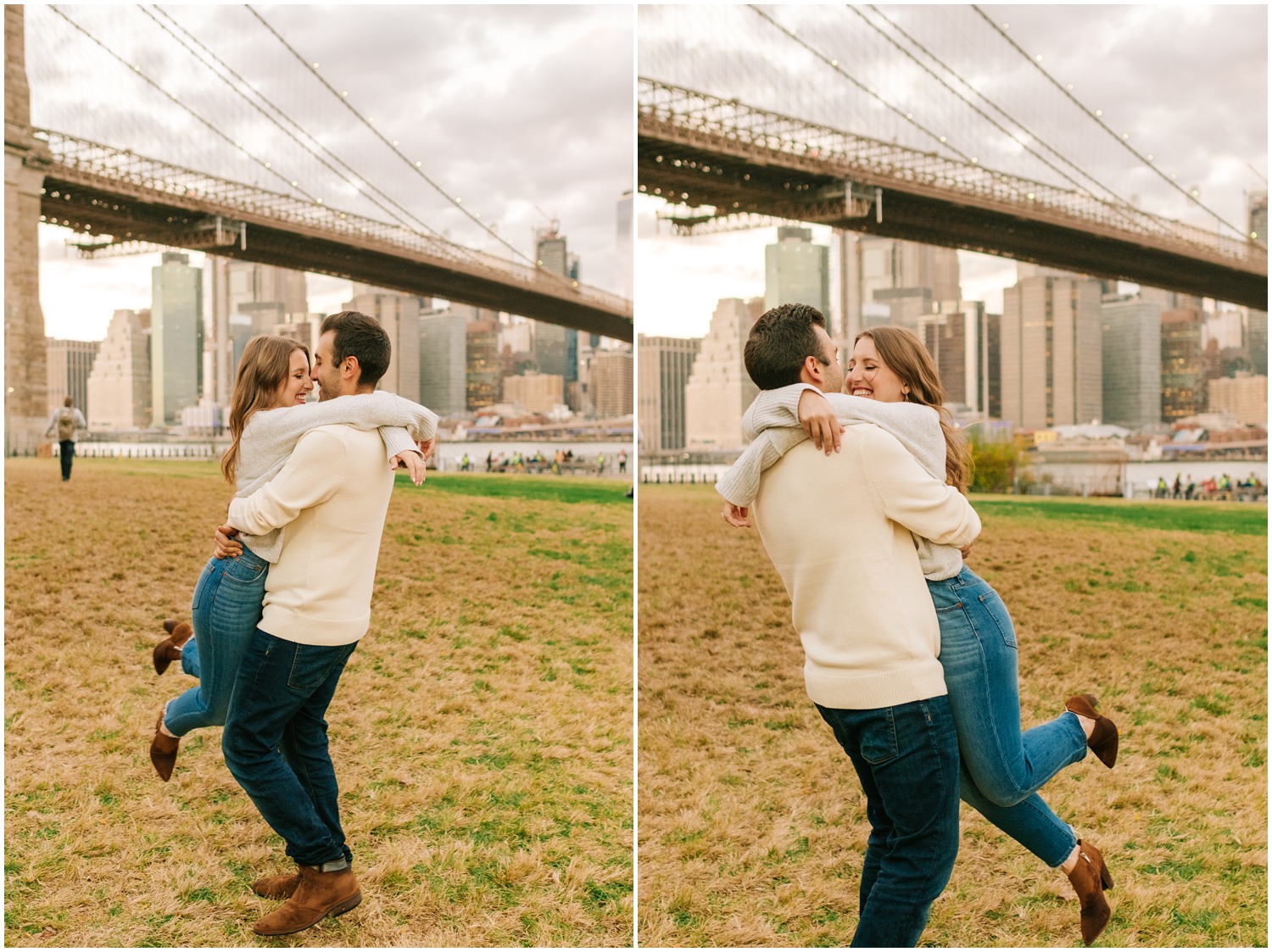 groom spins bride around during fall West Village & Dumbo engagement portraits