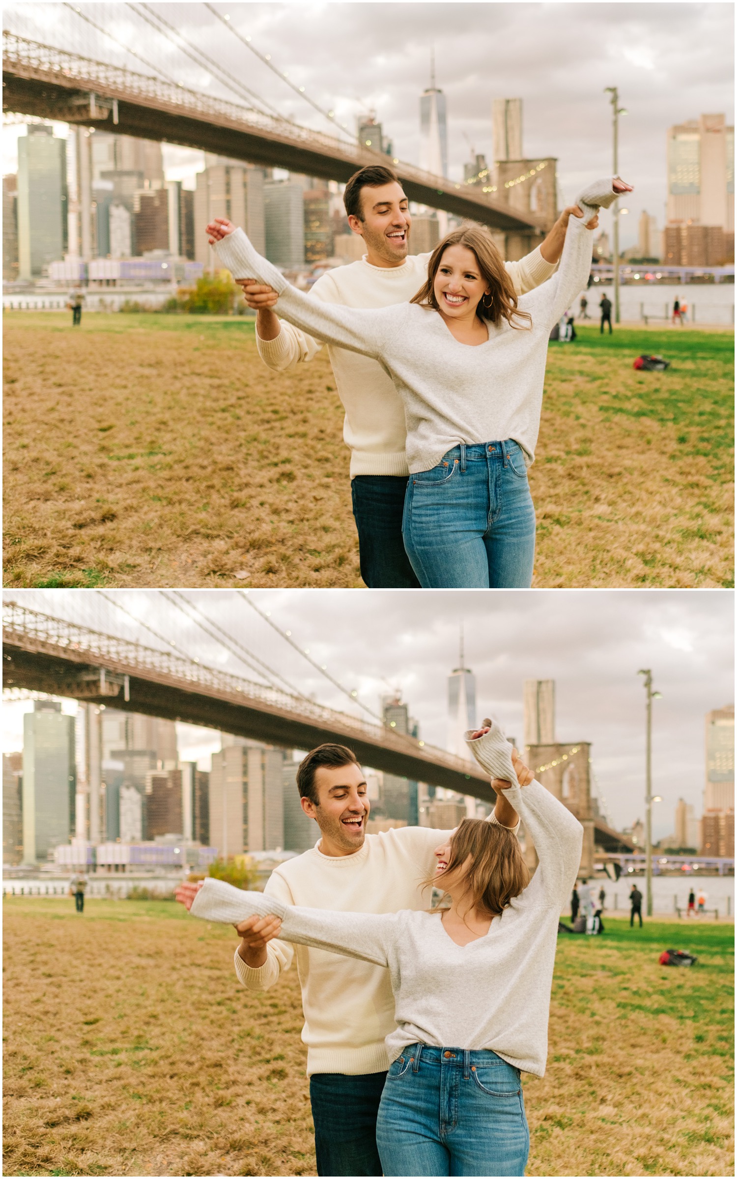 engaged couple dances and laughs in New York City park