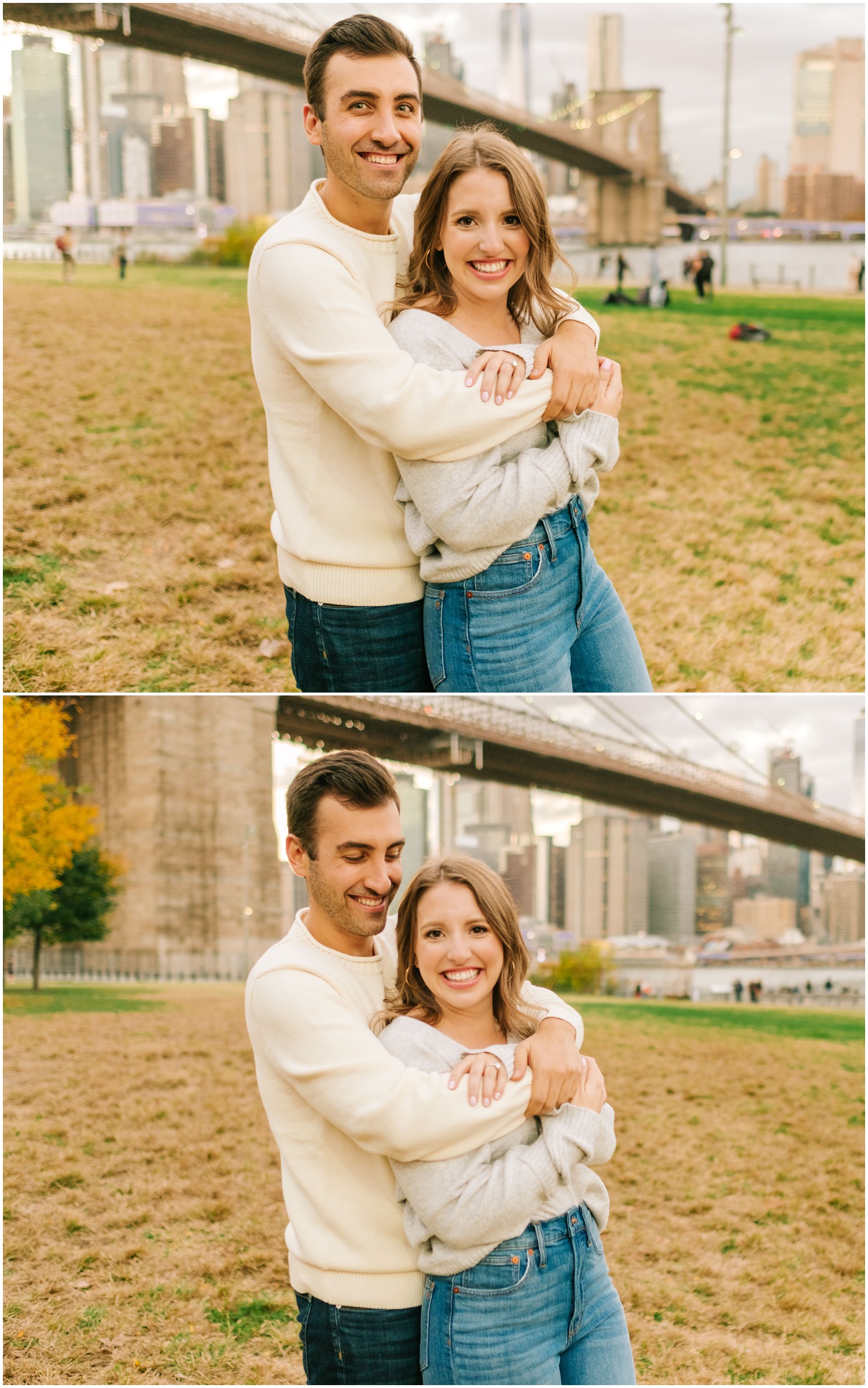 casual fall engagement photos in sweatshirts and jeans during West Village & Dumbo engagement session