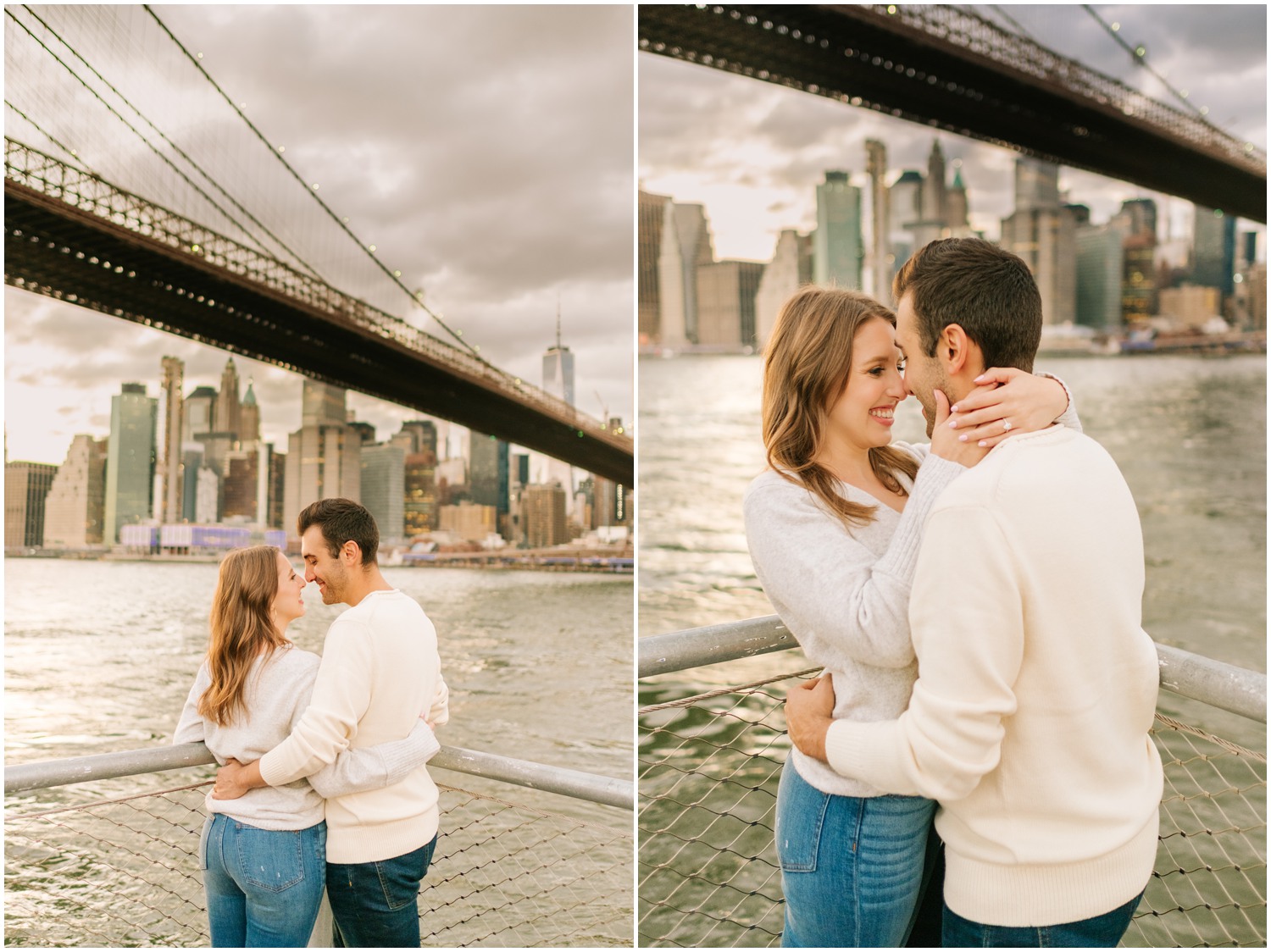 bride hugs groom around the neck during West Village & Dumbo engagement portraits