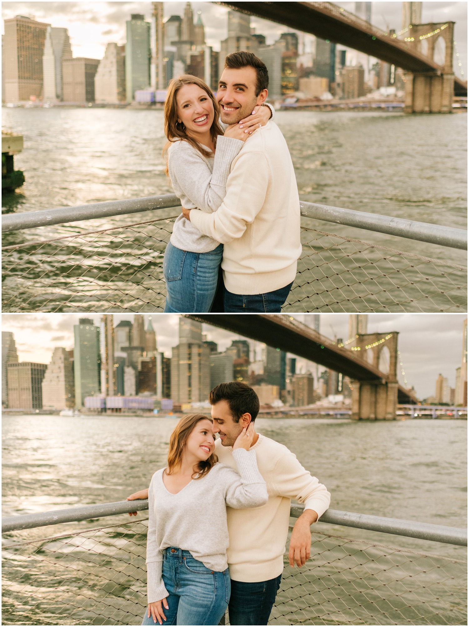 engaged couple poses on DUMBO ferry in NYC