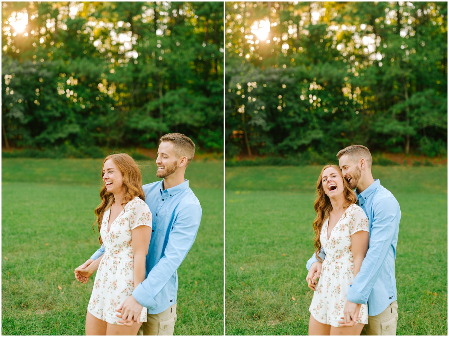 bride and groom laugh during Lake Lyn engagement session