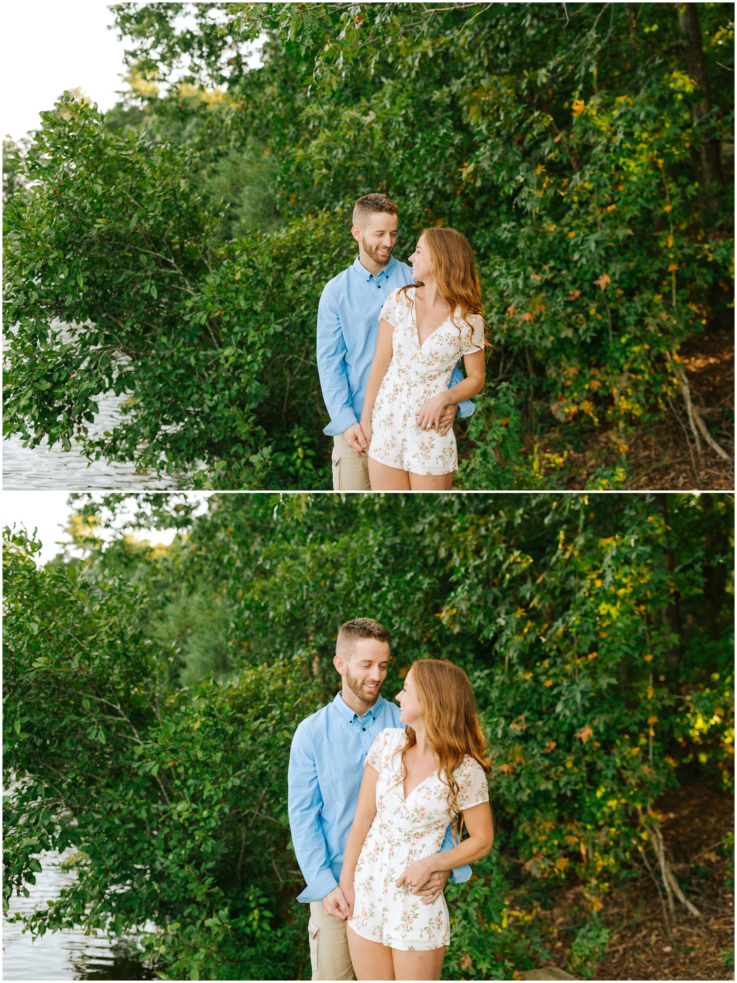 sunset engagement photos with couple looking at each other by lake