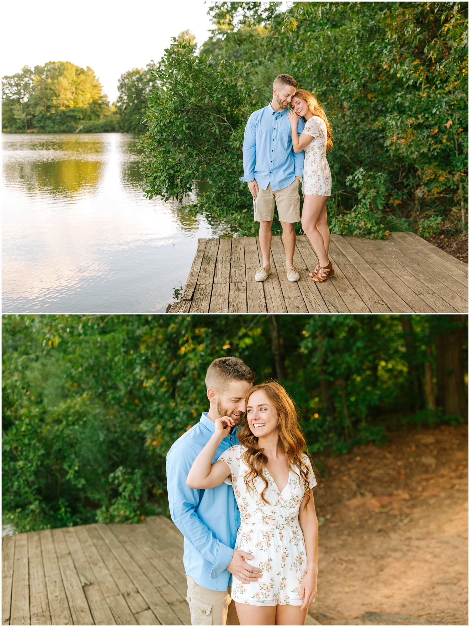 engaged couple poses on docks at Lake Lyn during engagement session