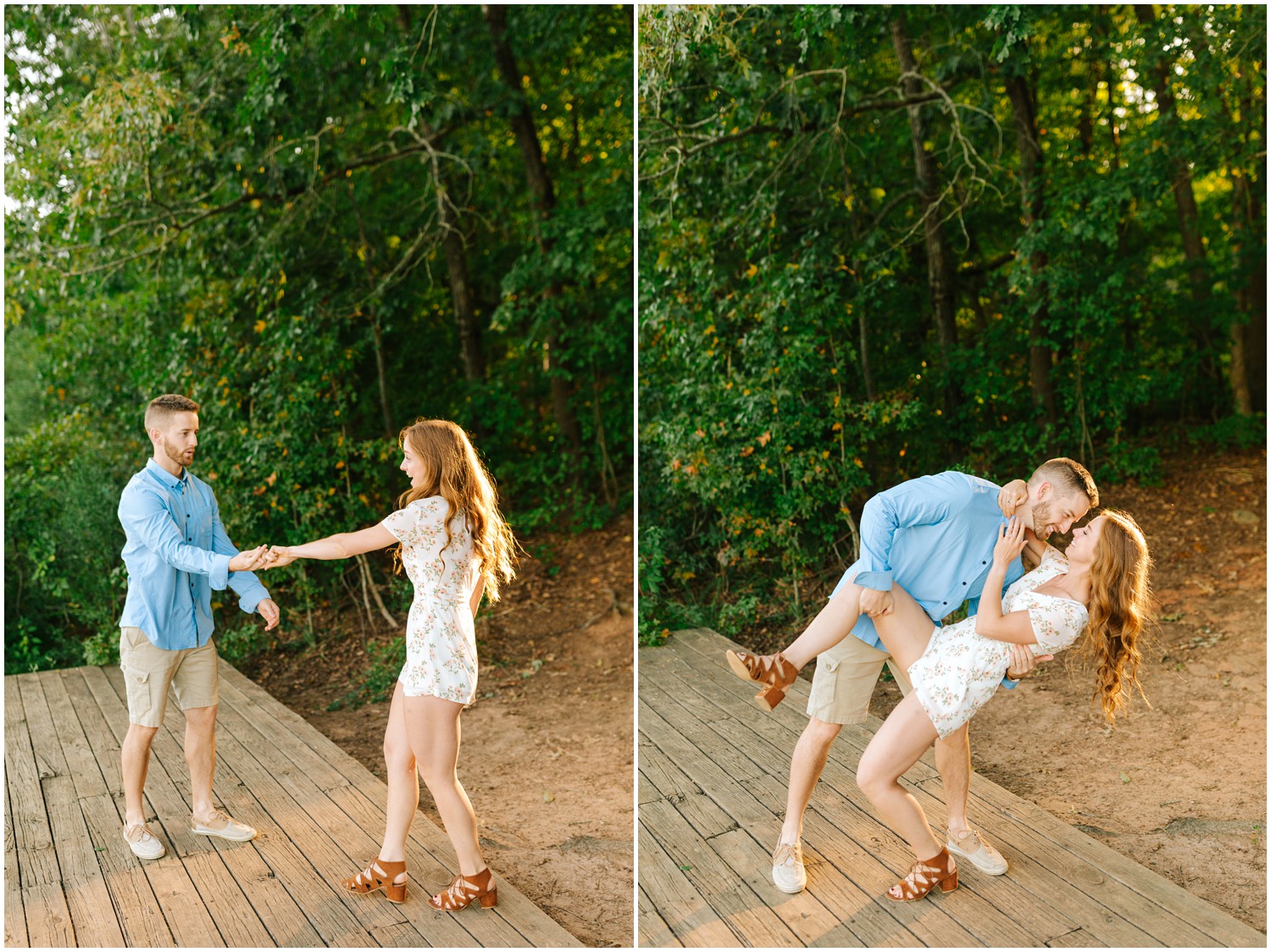 couple plays during Lake Lyn engagement session