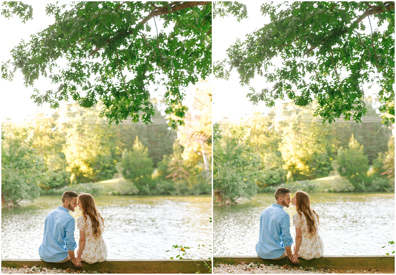 bride and groom sit on wooden walkway along lake