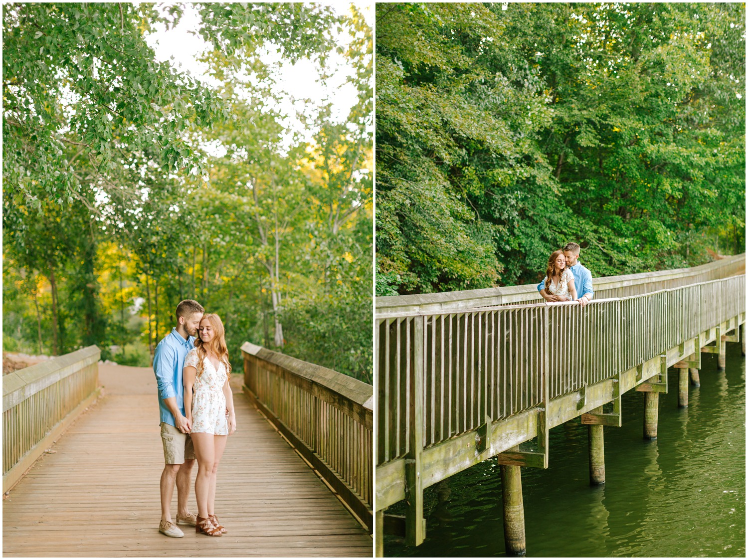 couple walks on bridge along Lake Lyn 