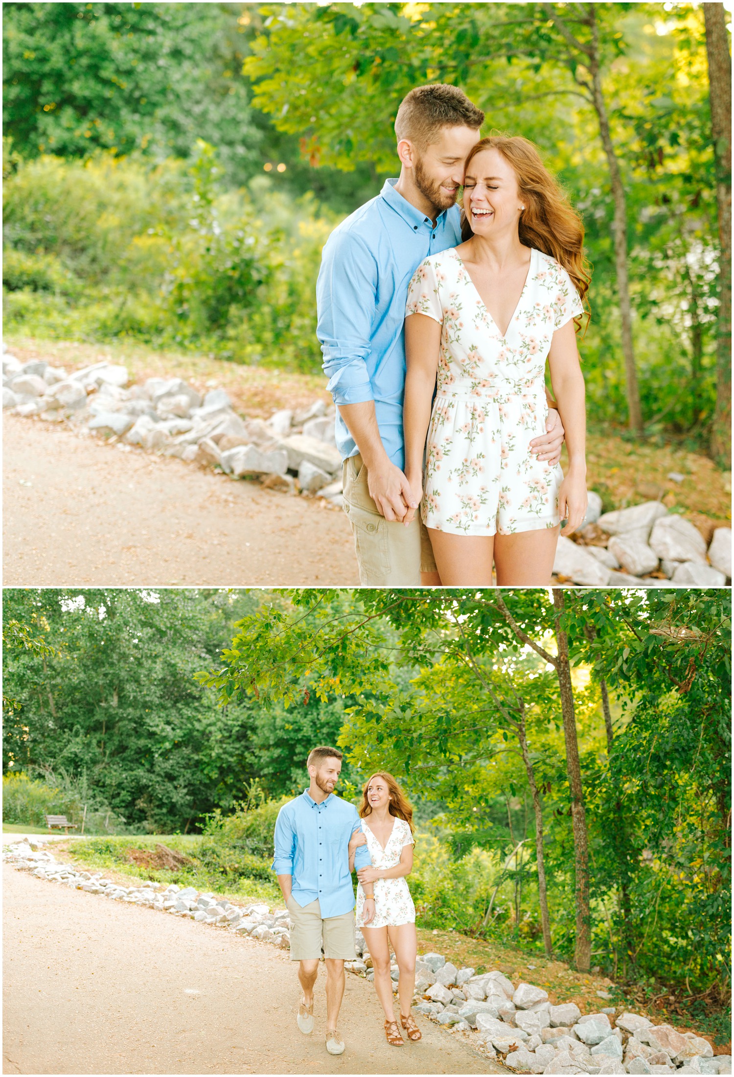 bride and groom pose during summer Lake Lyn engagement session