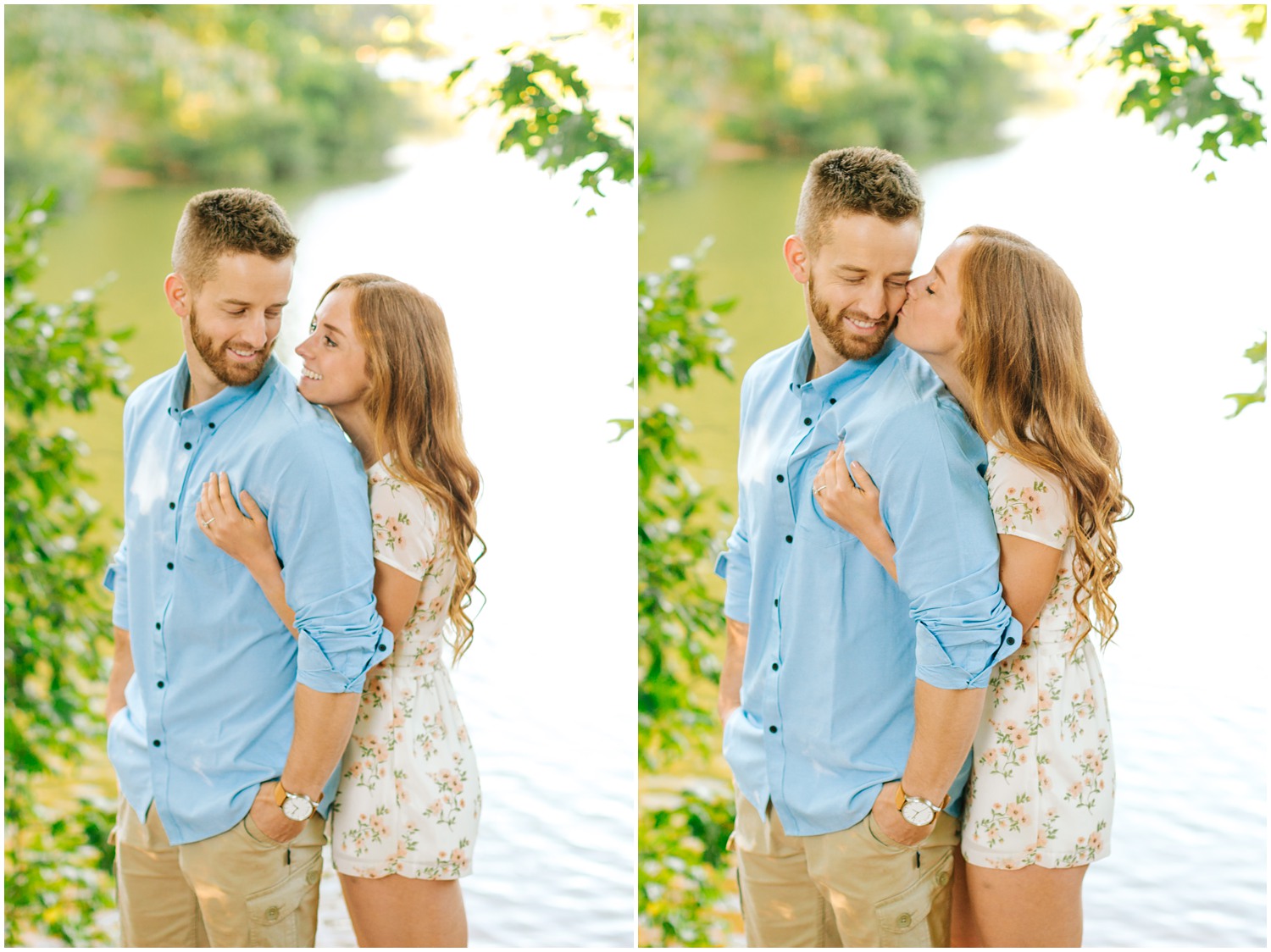North Carolina couple poses during engagement session along the water