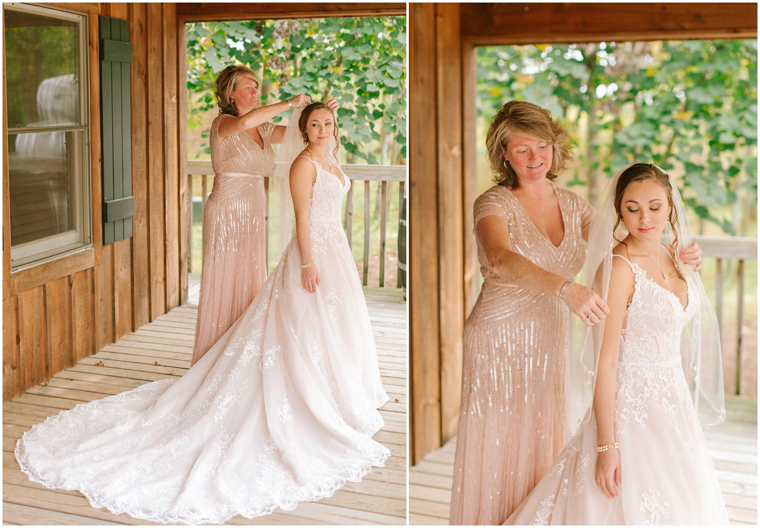 mother of the bride adjusts veil for bride on morning of wedding